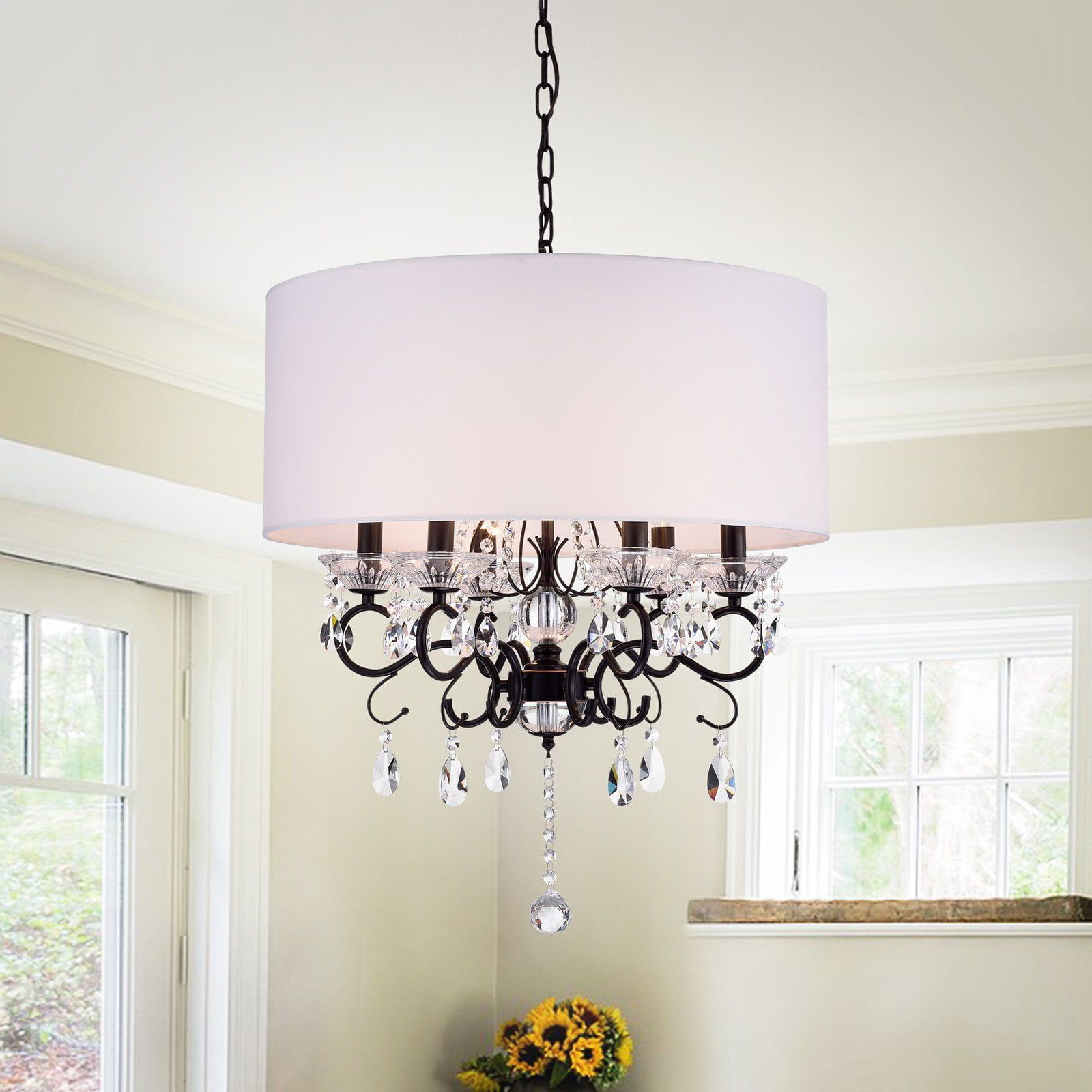 22" Bronze and White Drum Shade Chandelier Light