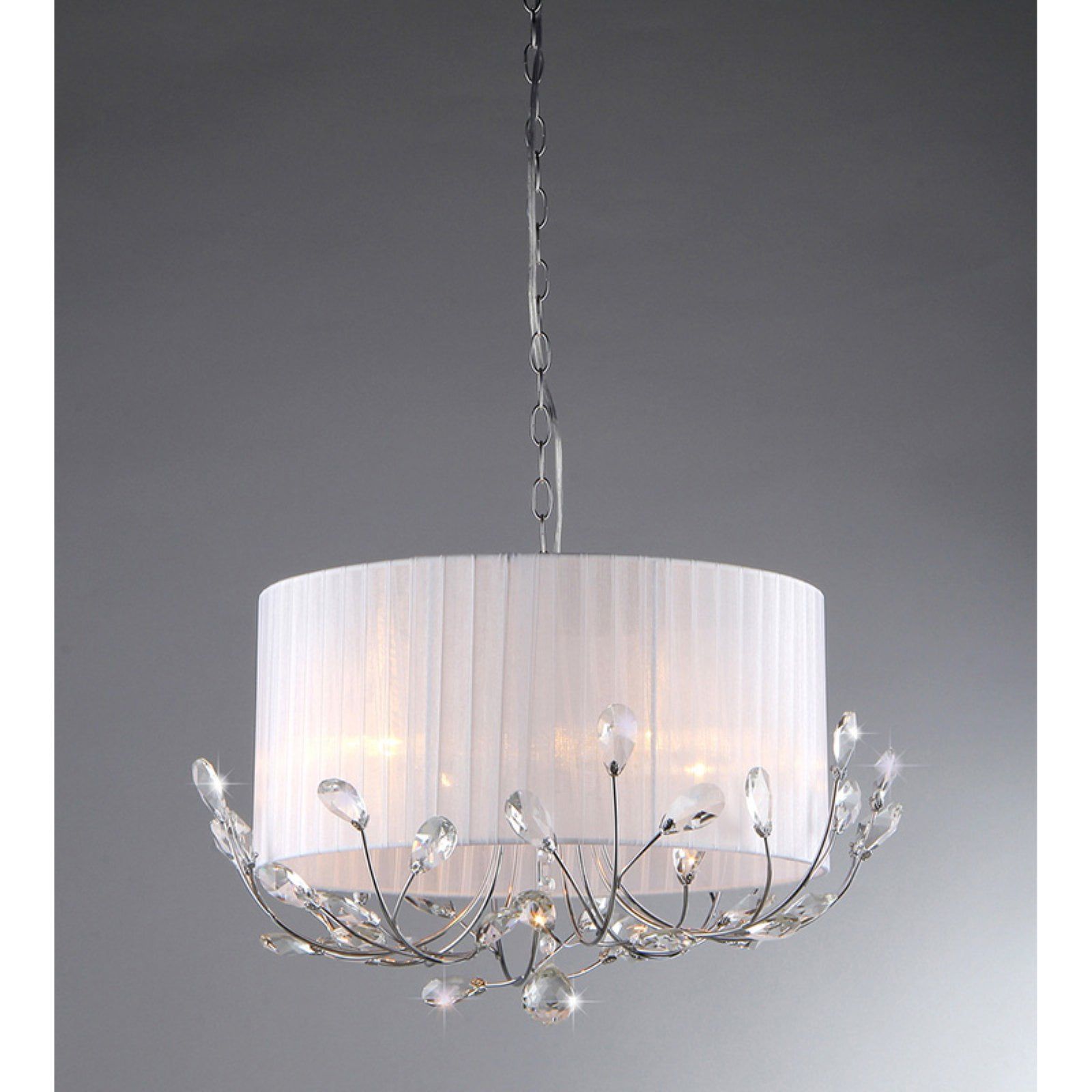 18" Chrome Drum Crystal Chandelier with White Shade