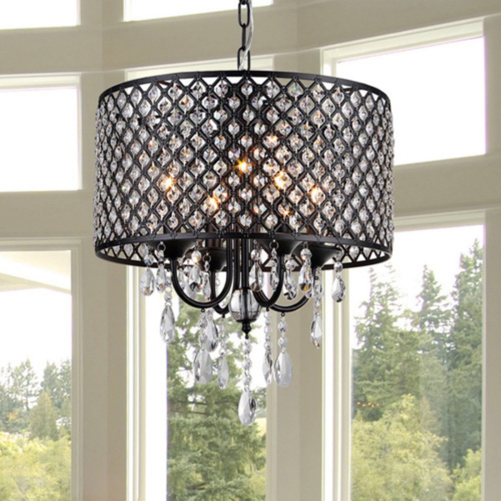 Black Crystal 17" Round Chandelier with Crystal Drops