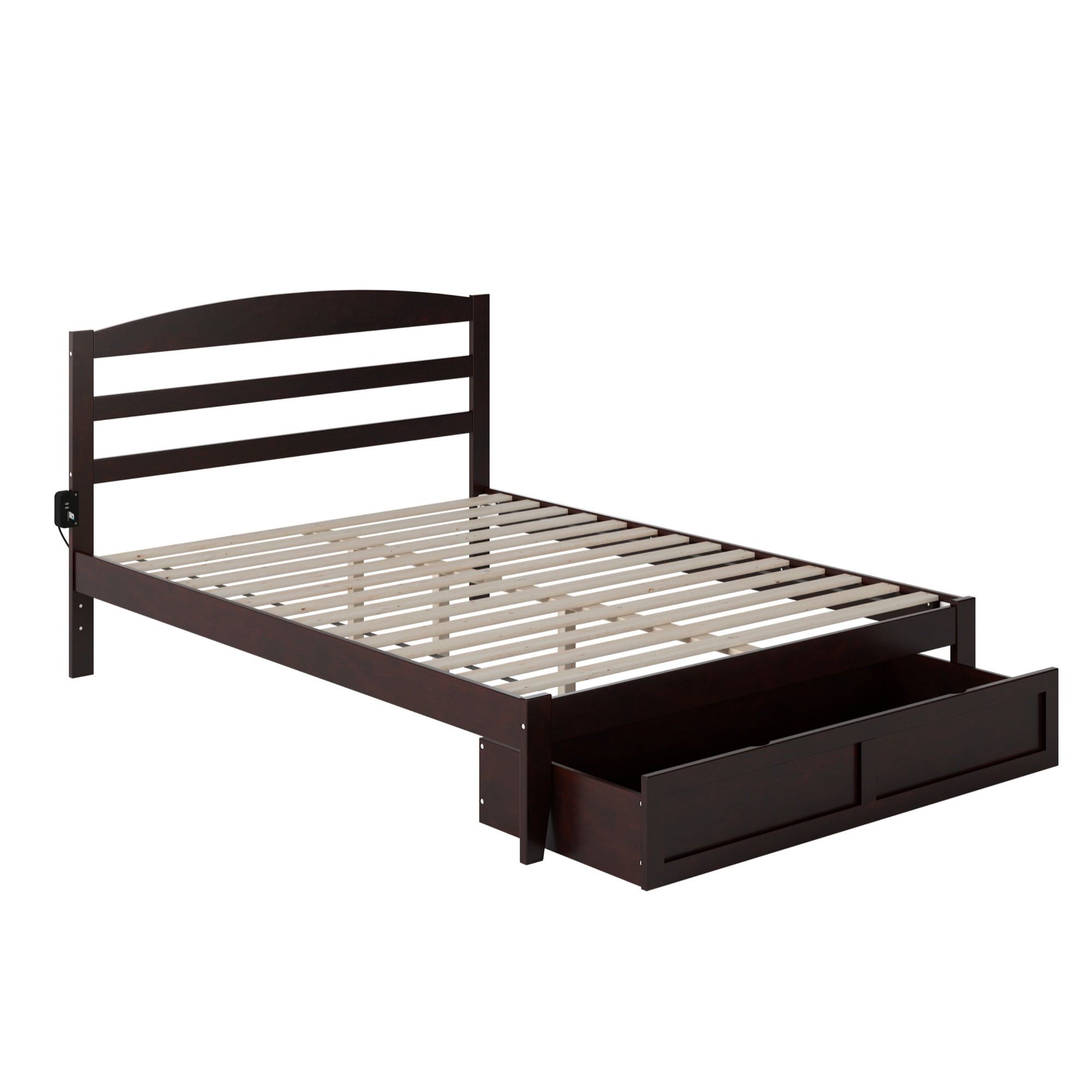 Espresso Solid Wood Queen Platform Bed with Foot Drawer