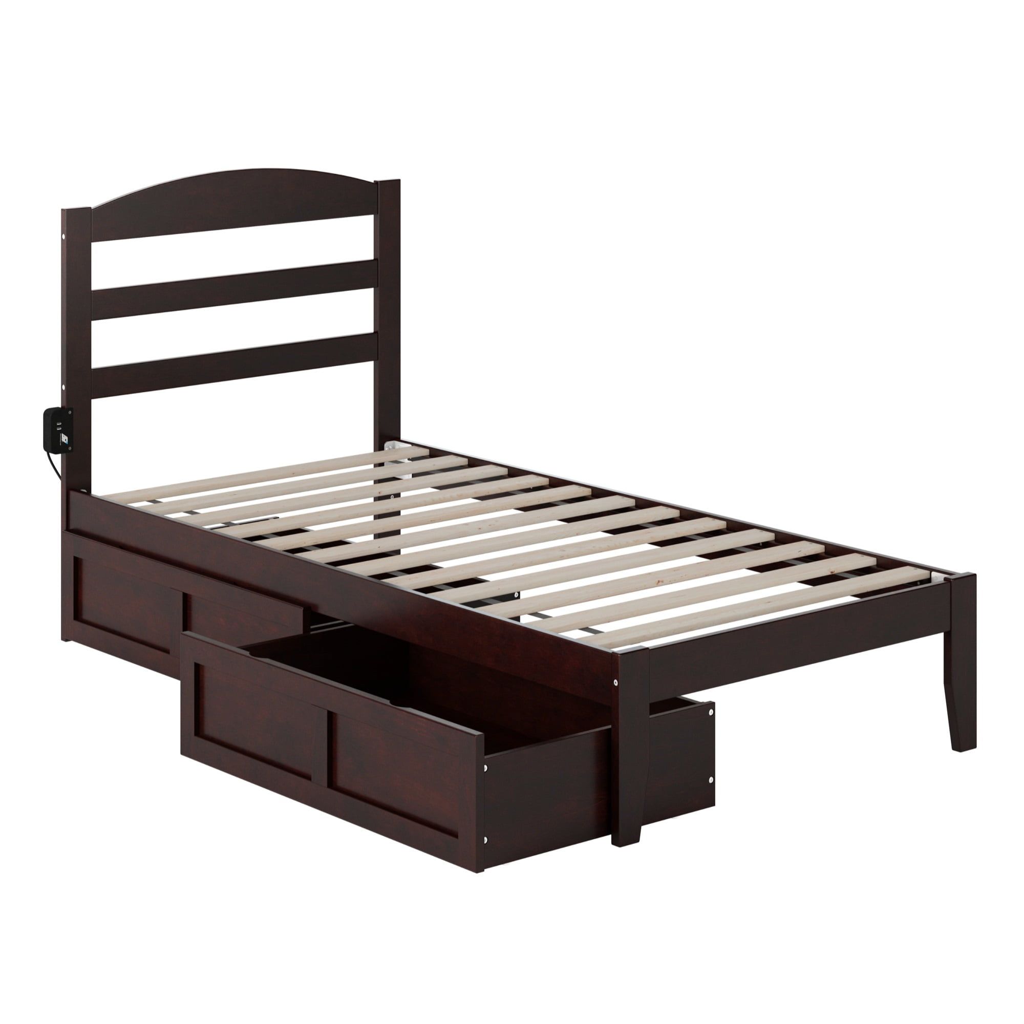 Espresso Twin Solid Wood Upholstered Platform Bed with Storage