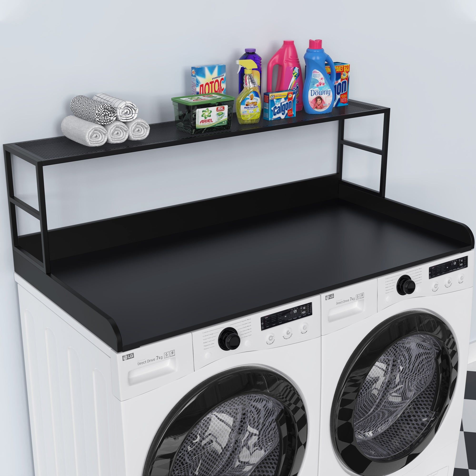 Black Expandable Washer Dryer Countertop with Metal Shelf