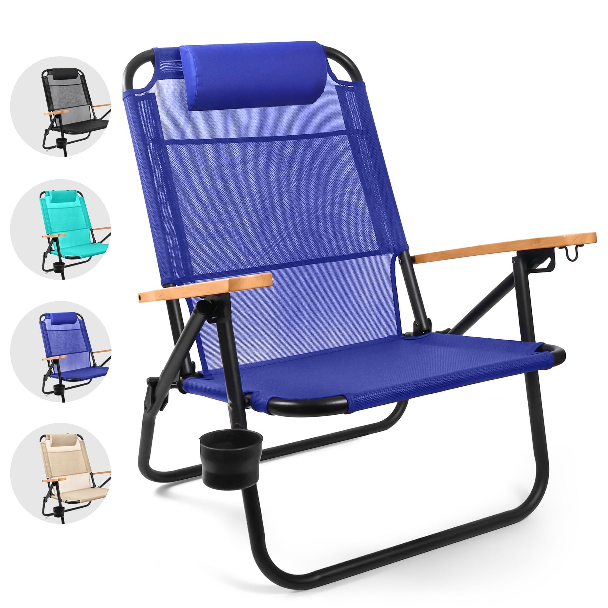 Navy Aluminum Reclining Backpack Beach Chair with Beechwood Arms