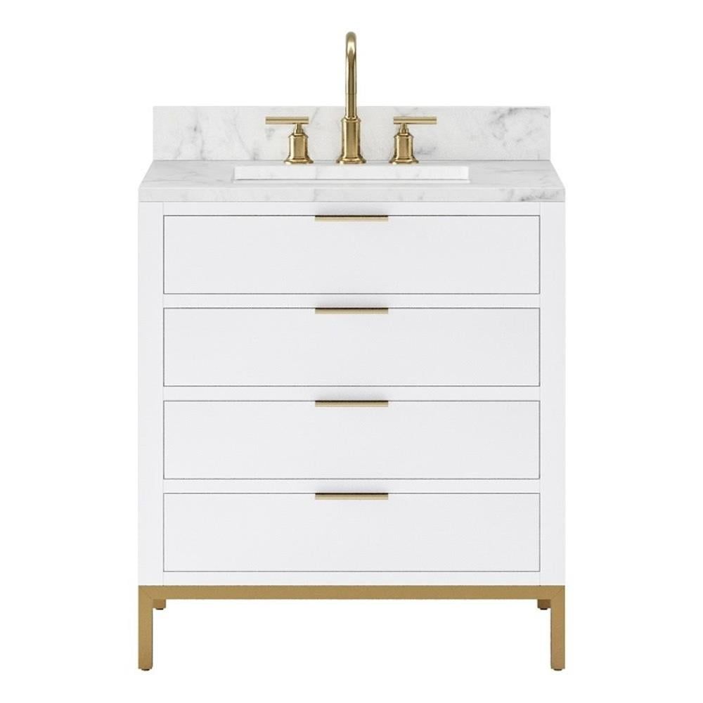 Pure White and Gold 30" Single Bathroom Vanity with Marble Top