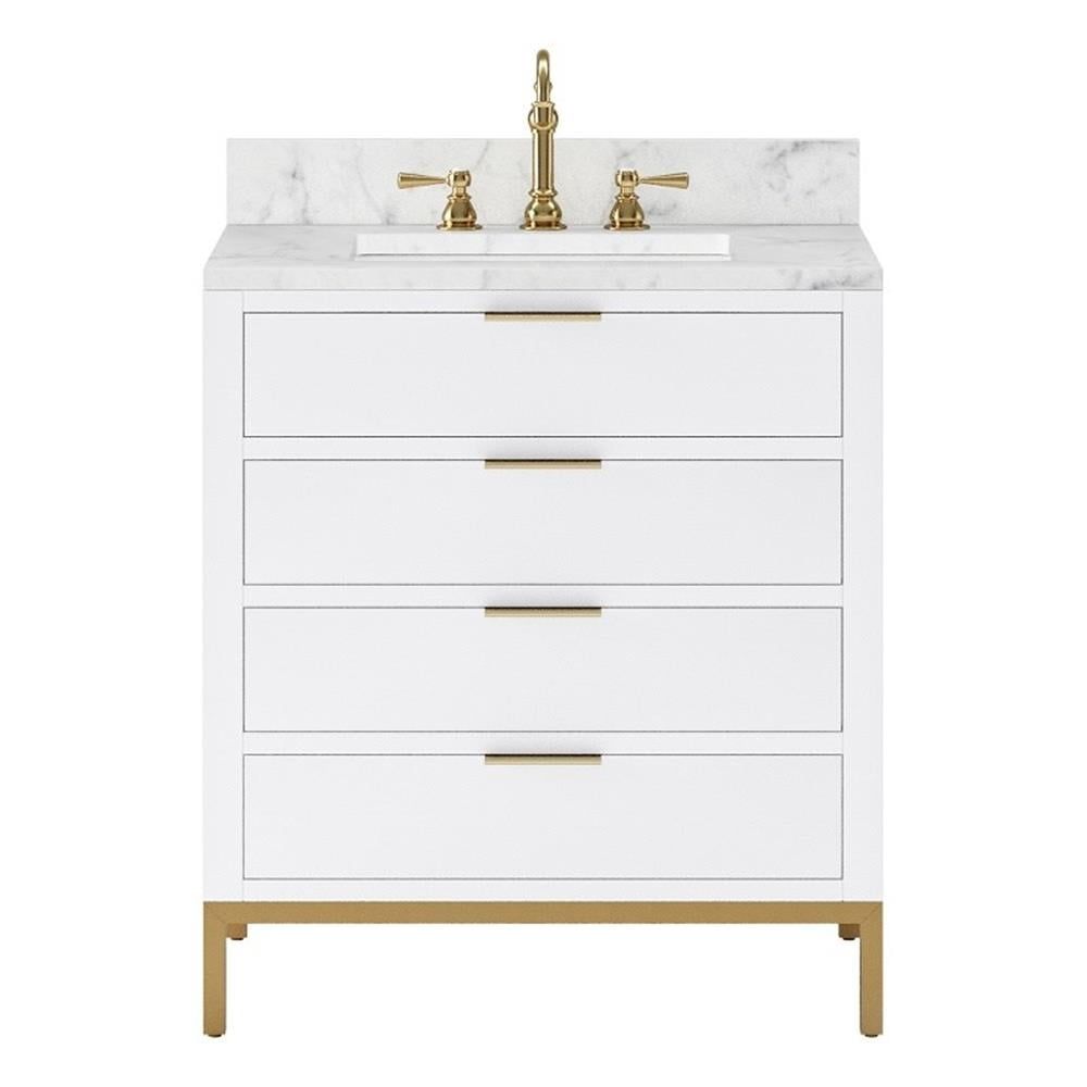 Pure White and Gold Freestanding Single Bathroom Vanity with Marble Top
