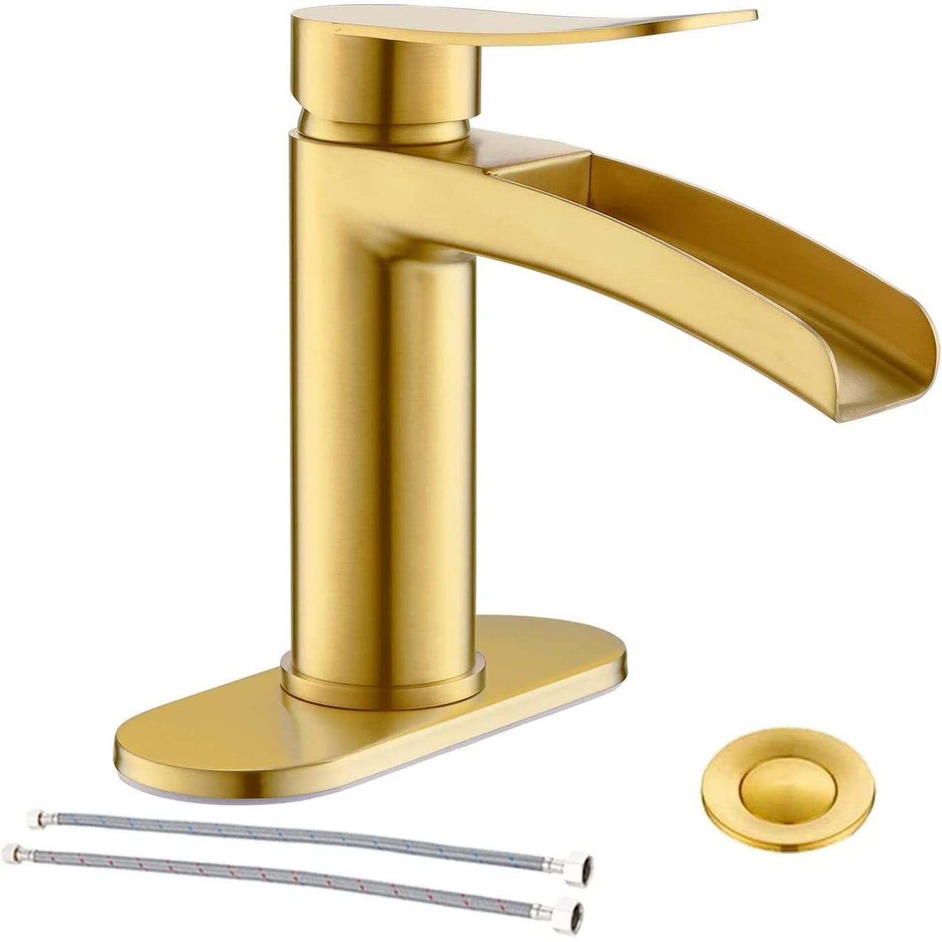 Brushed Gold Single Handle Waterfall Bathroom Faucet with Deck Plate