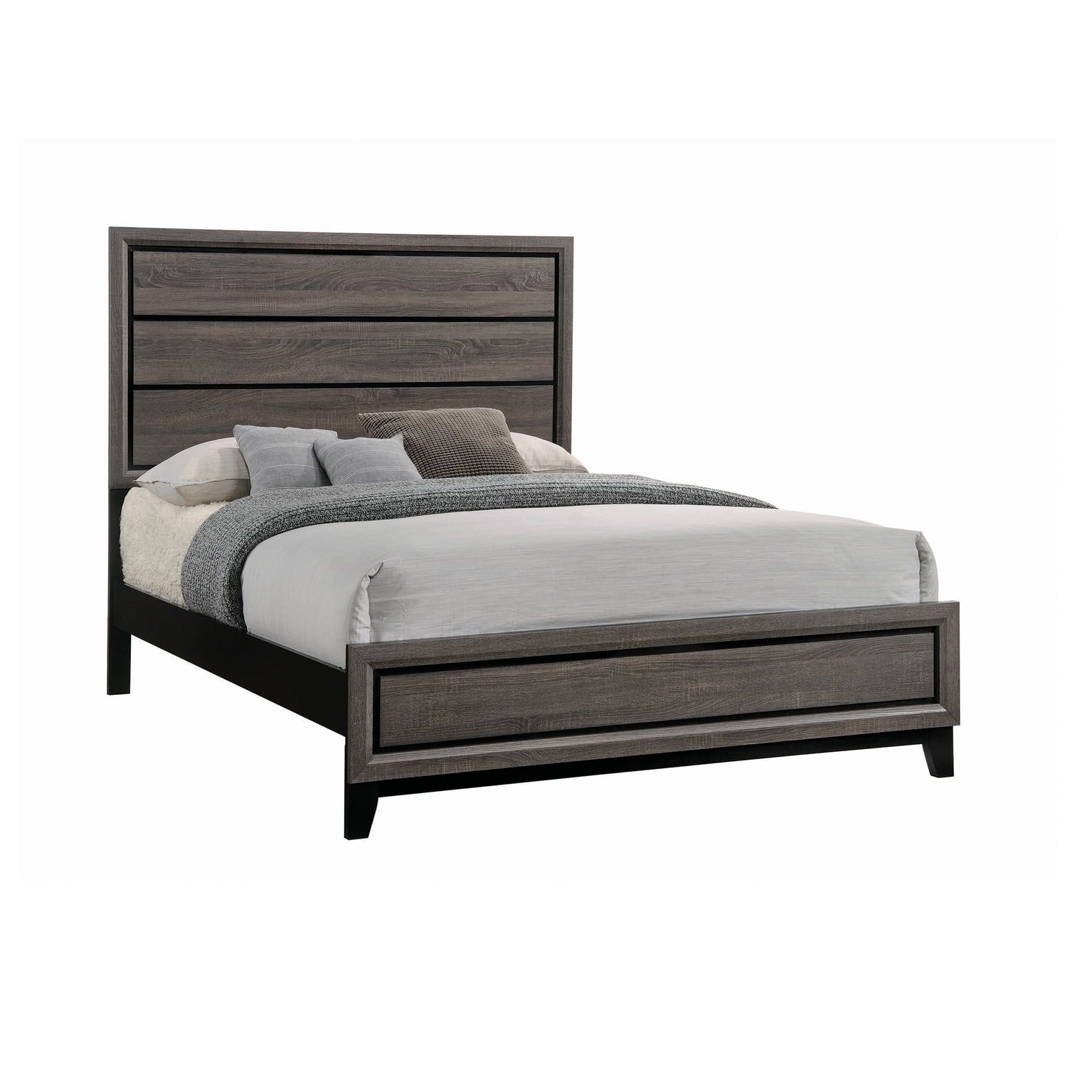 Transitional Eastern King Panel Bed in Grey Oak with Black Accents