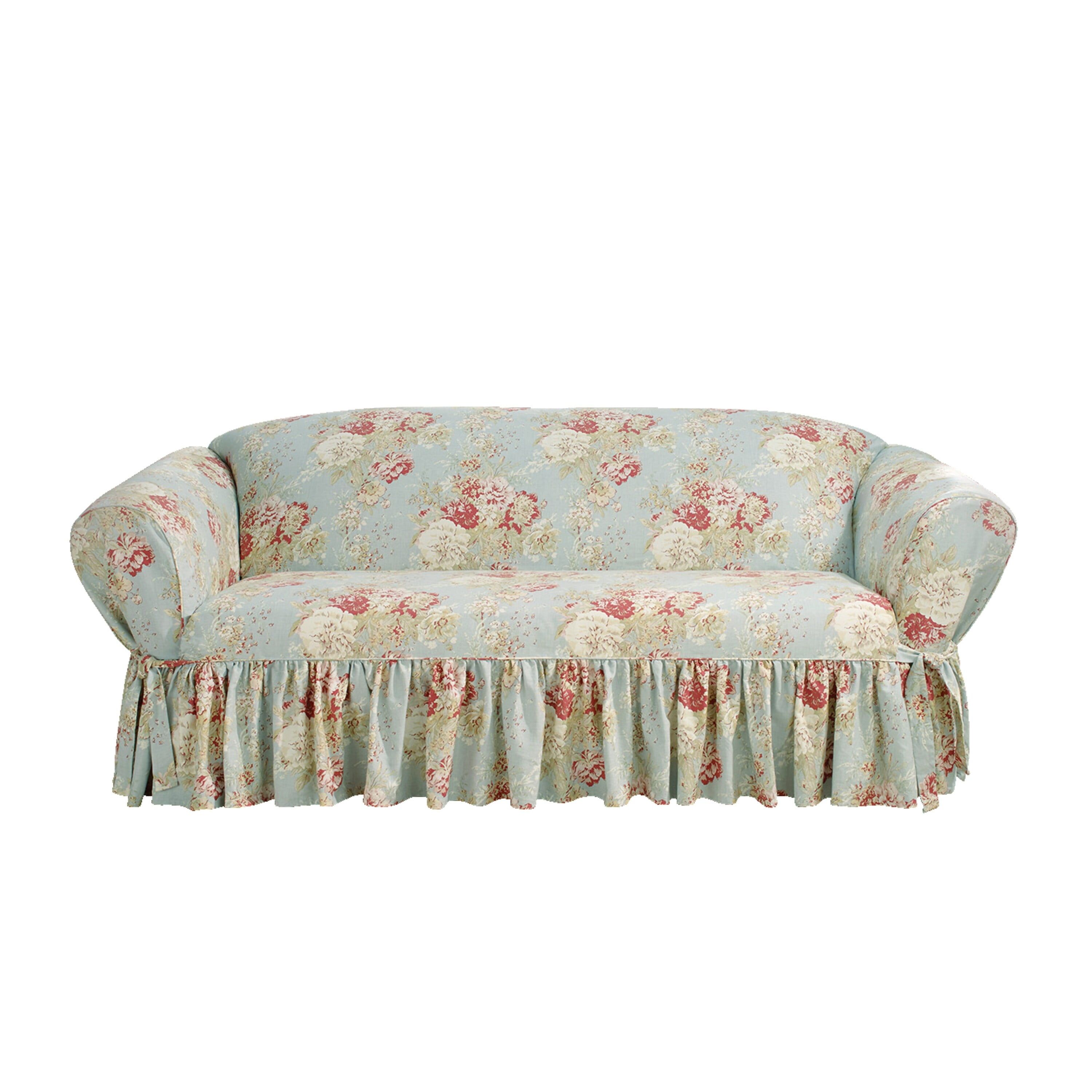 Robin's Egg Floral Cotton Sofa Slipcover with Ruffled Skirt