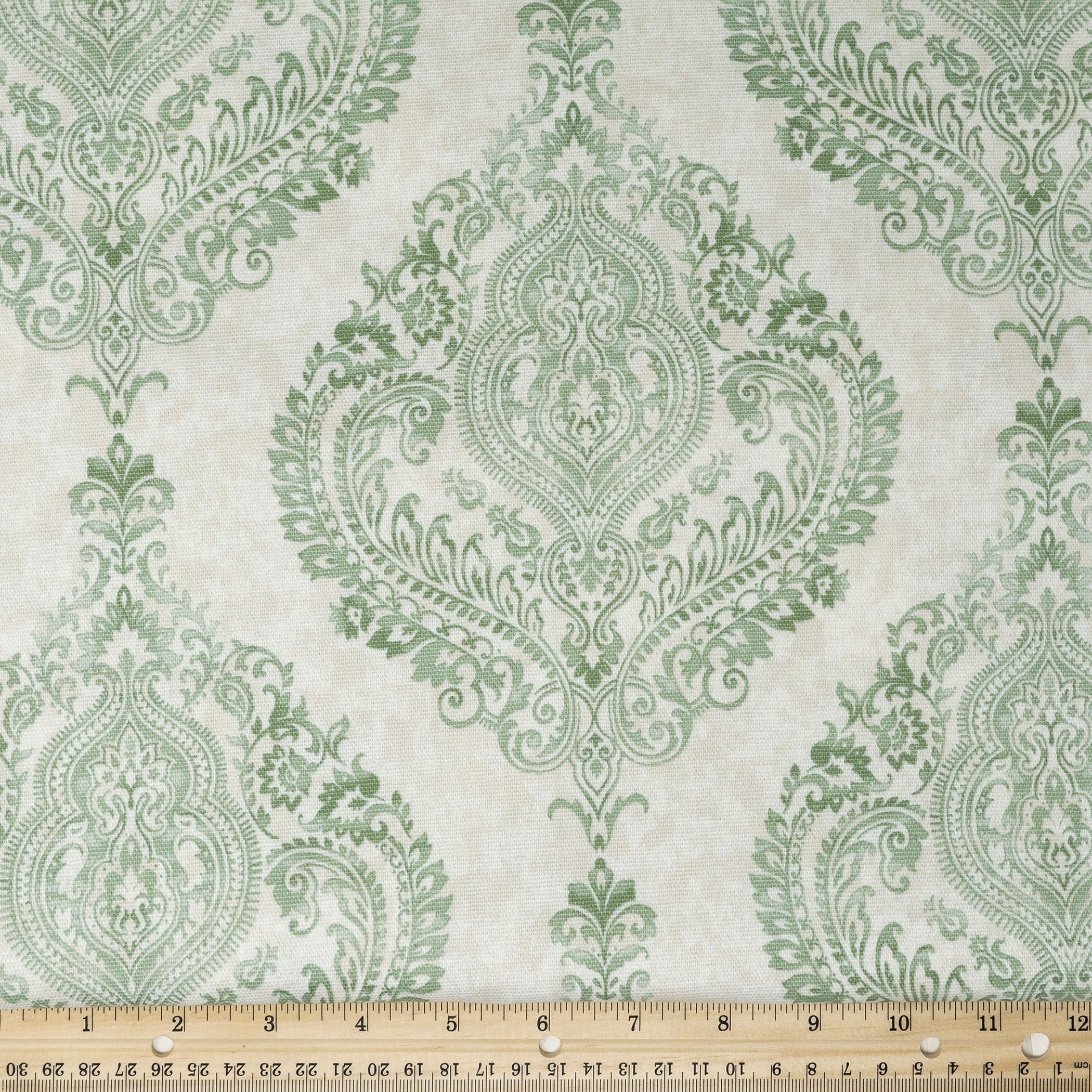 White and Green Outdoor Quilted Canvas Damask Fabric by the Yard