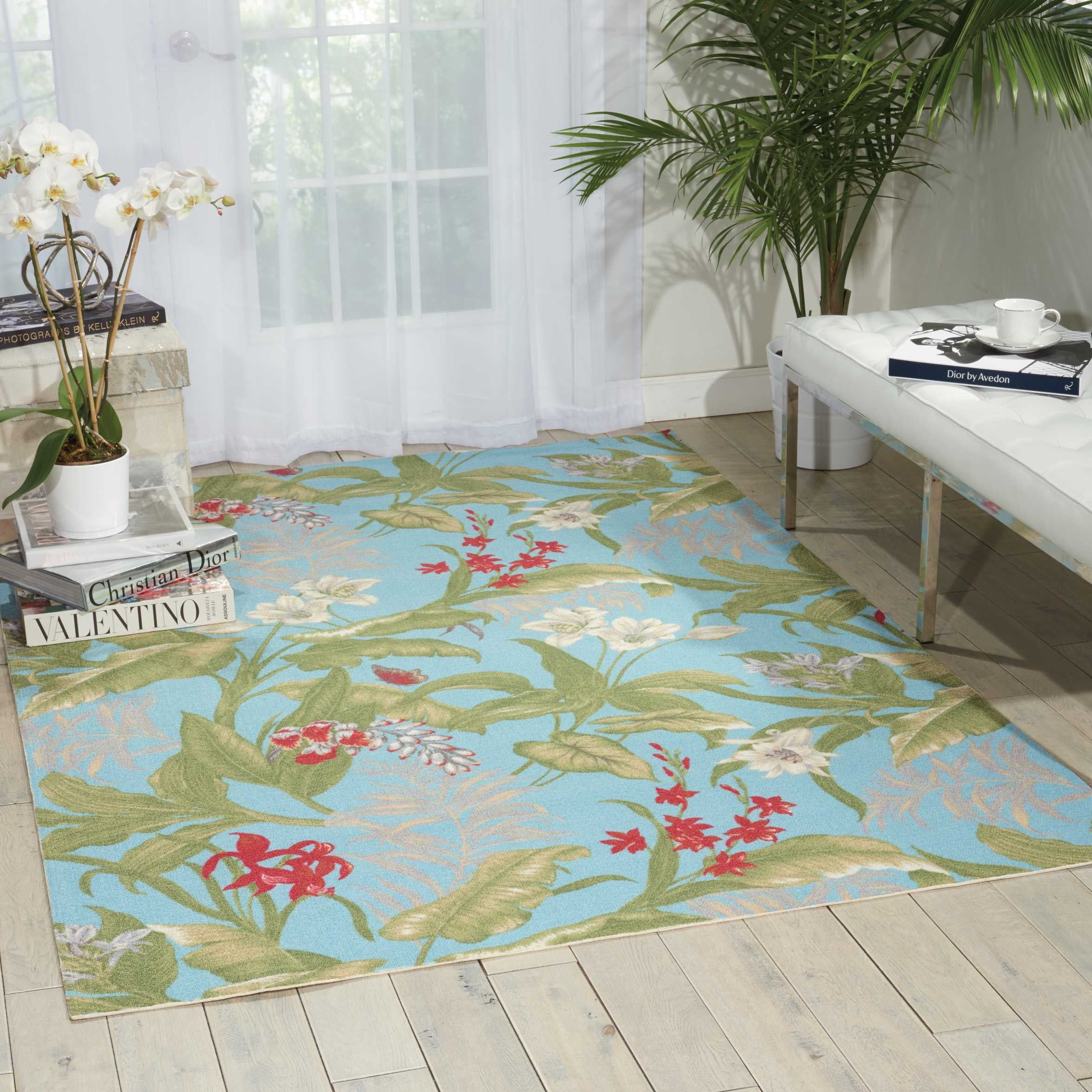 Aqua Floral Synthetic 10' x 13' Indoor/Outdoor Area Rug