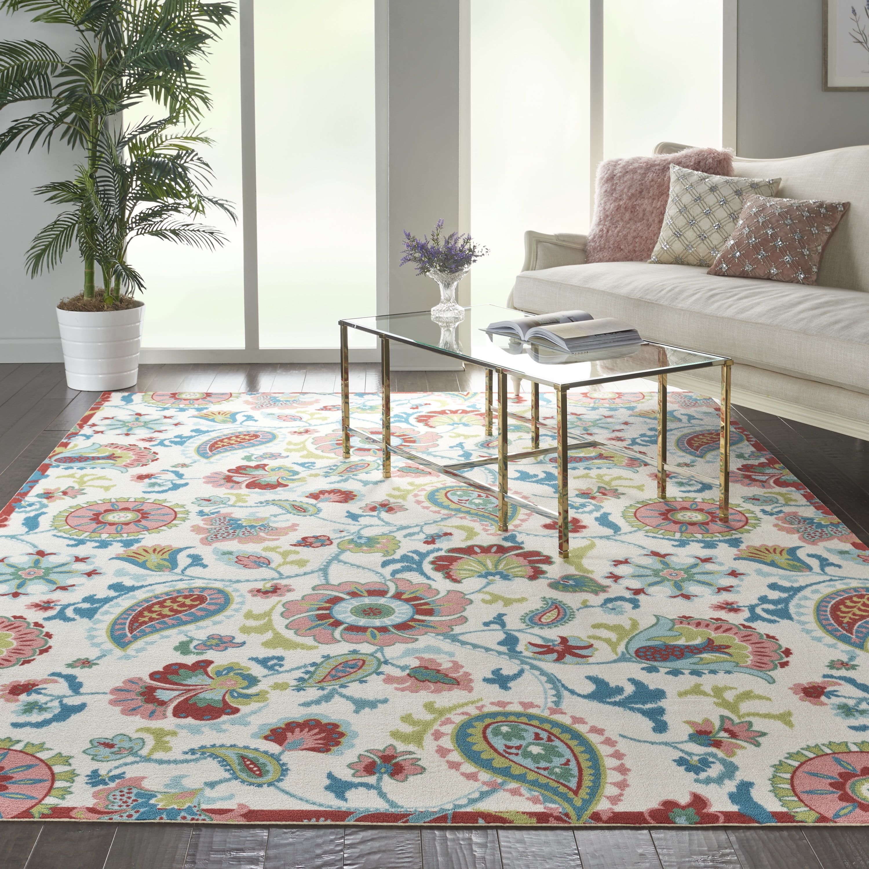 Ivory Floral Synthetic 8' x 10' Stain-Resistant Area Rug