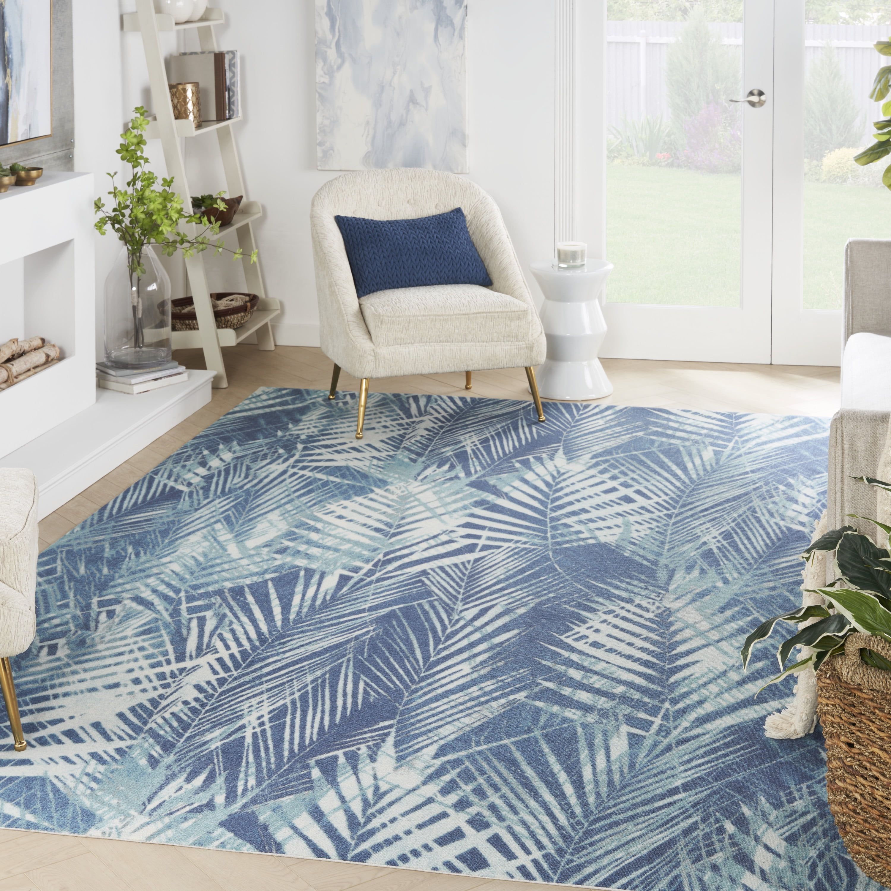 Navy Blue Tropical Leaf Pattern Indoor/Outdoor Rug, 10' x 13'