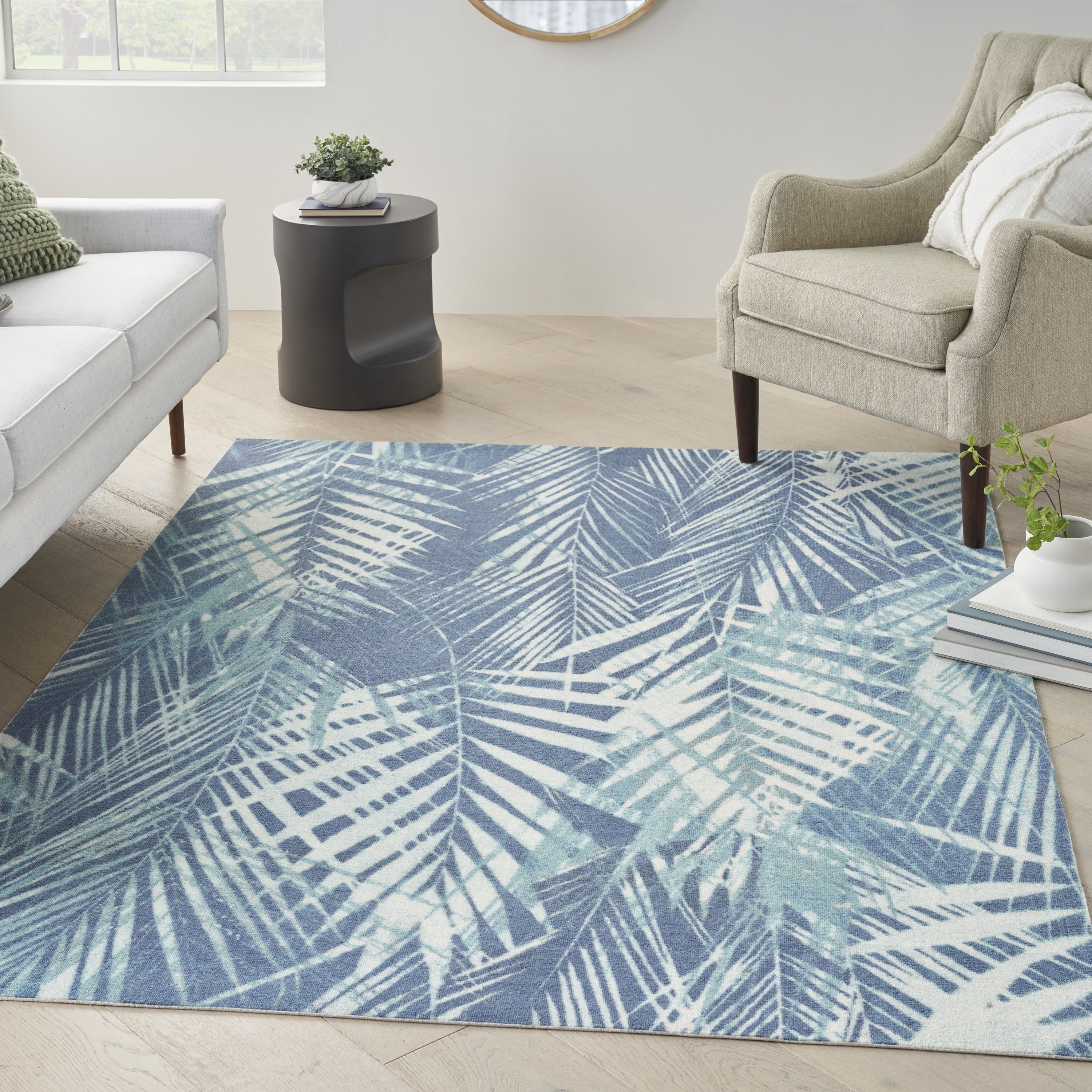 Navy Blue Tropical Fronds 4' x 6' Synthetic Area Rug