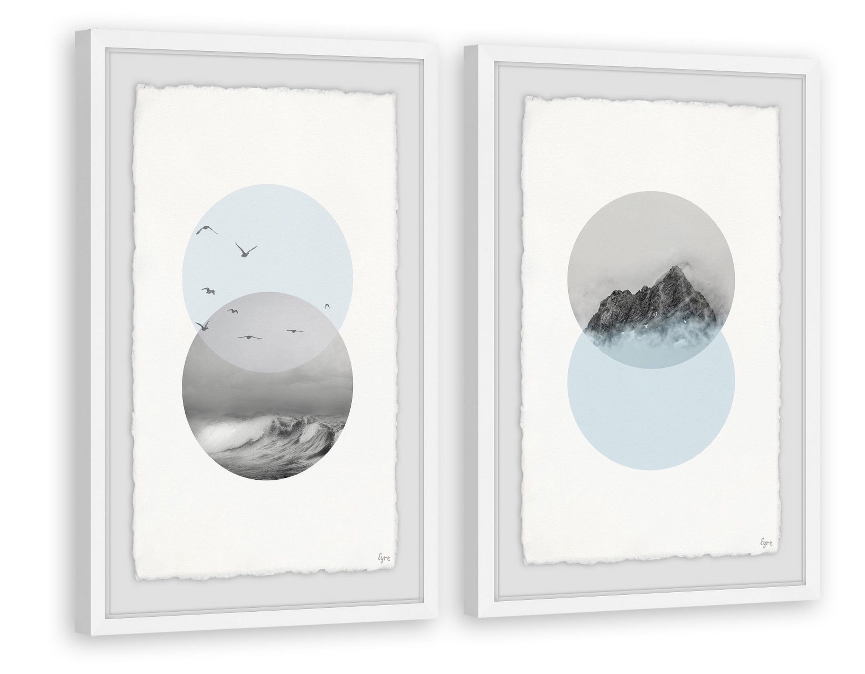 Tranquil Birds and Mountain Abstract Framed Poster Set