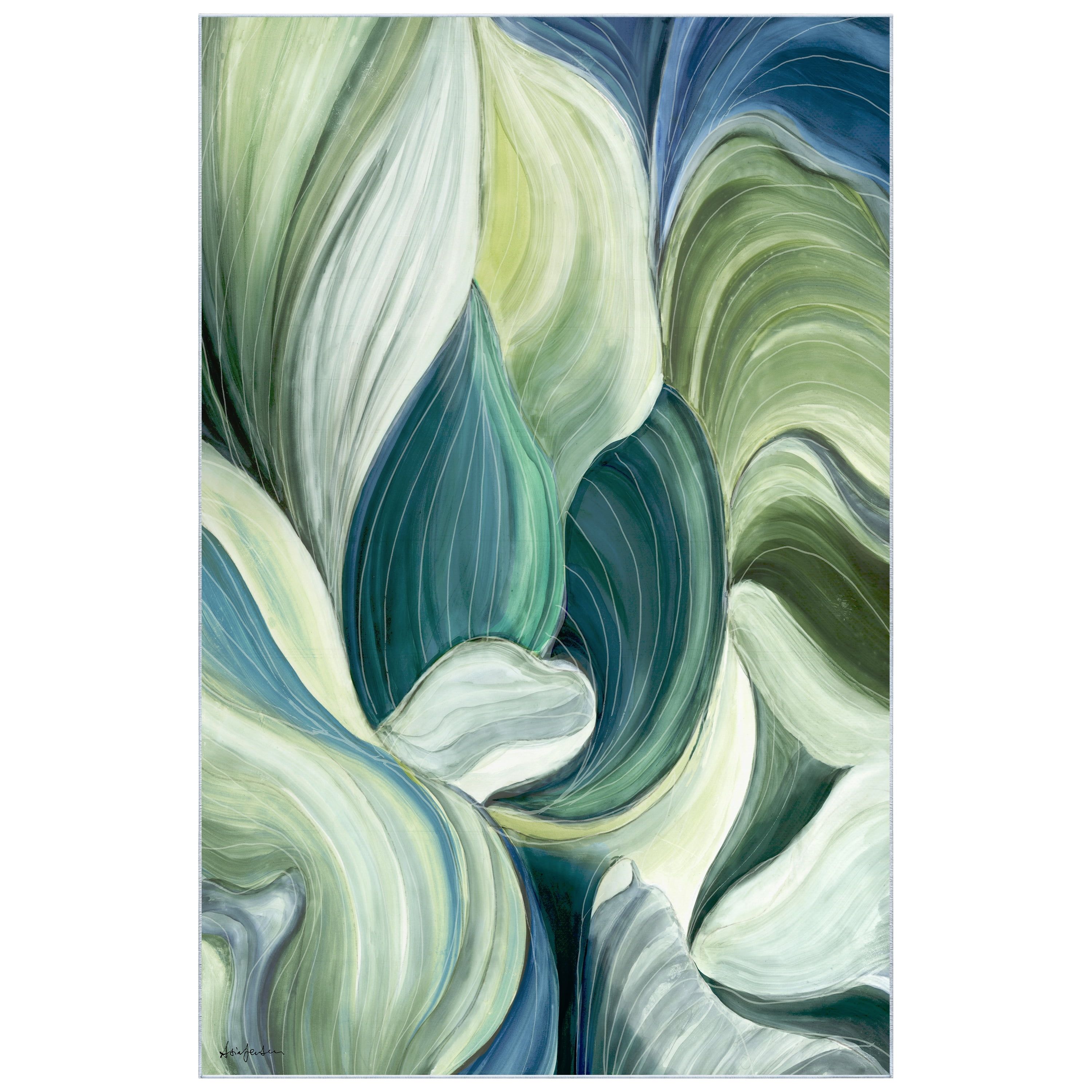 Green and Blue Leaf Pattern Washable Synthetic Area Rug 5' x 7'