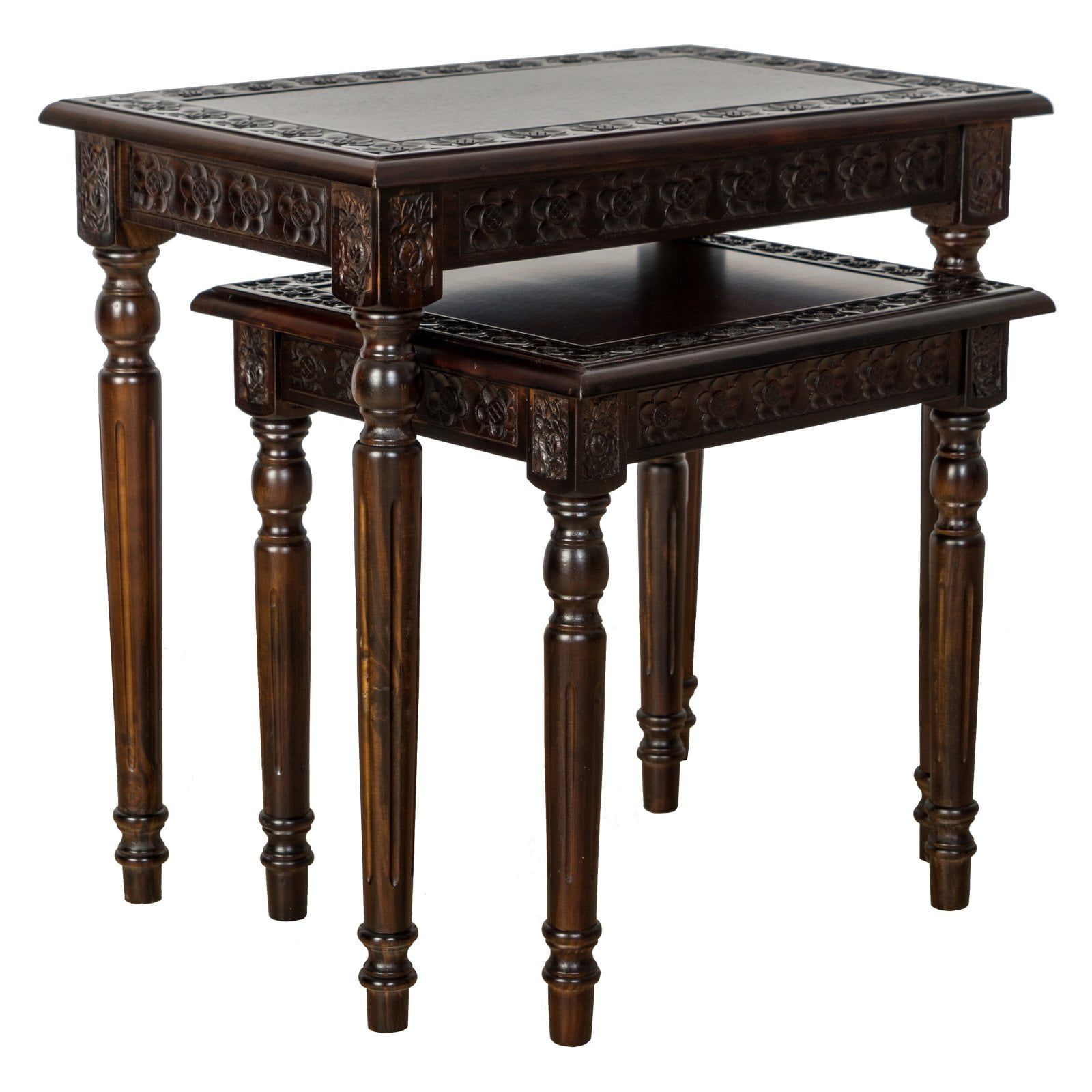 Mahogany Rectangular Nesting Tables with Floral Carving, Set of 2