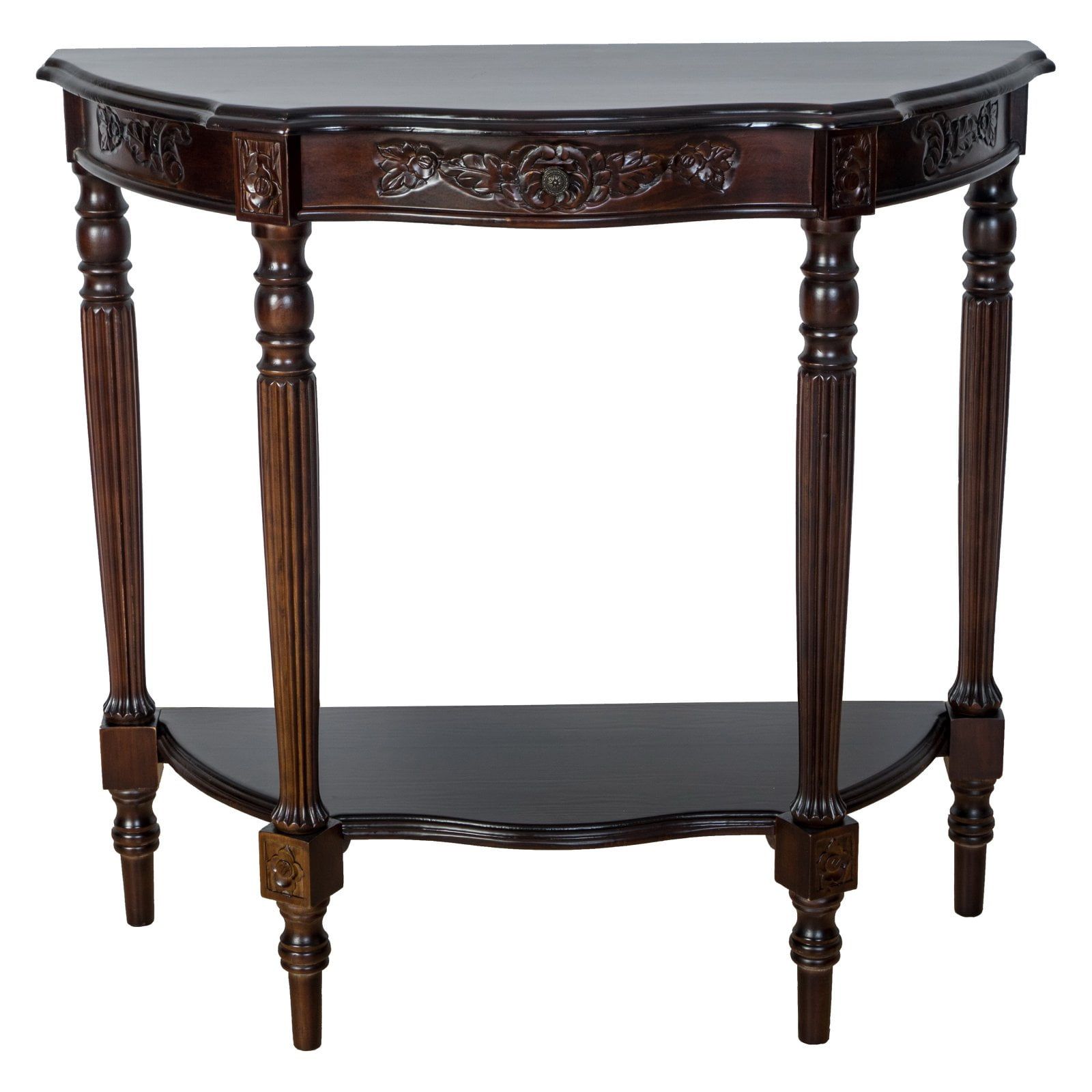 Mahogany Carved Wood Demilune Console Table with Storage