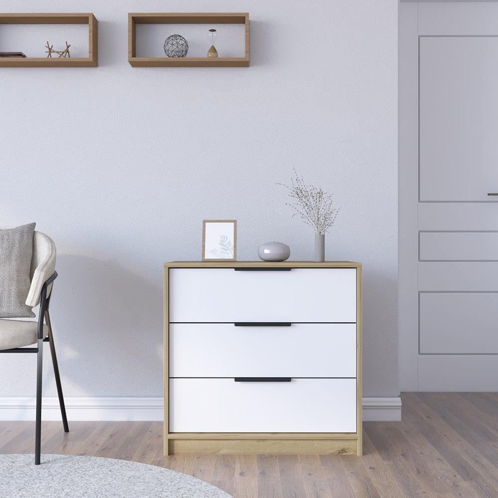 White and Pine 3-Drawer Modern Dresser with Steel Hardware