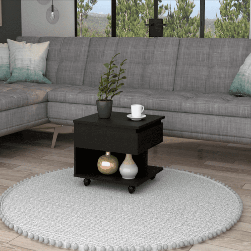 Black Rectangular Lift-Top Coffee Table with Casters