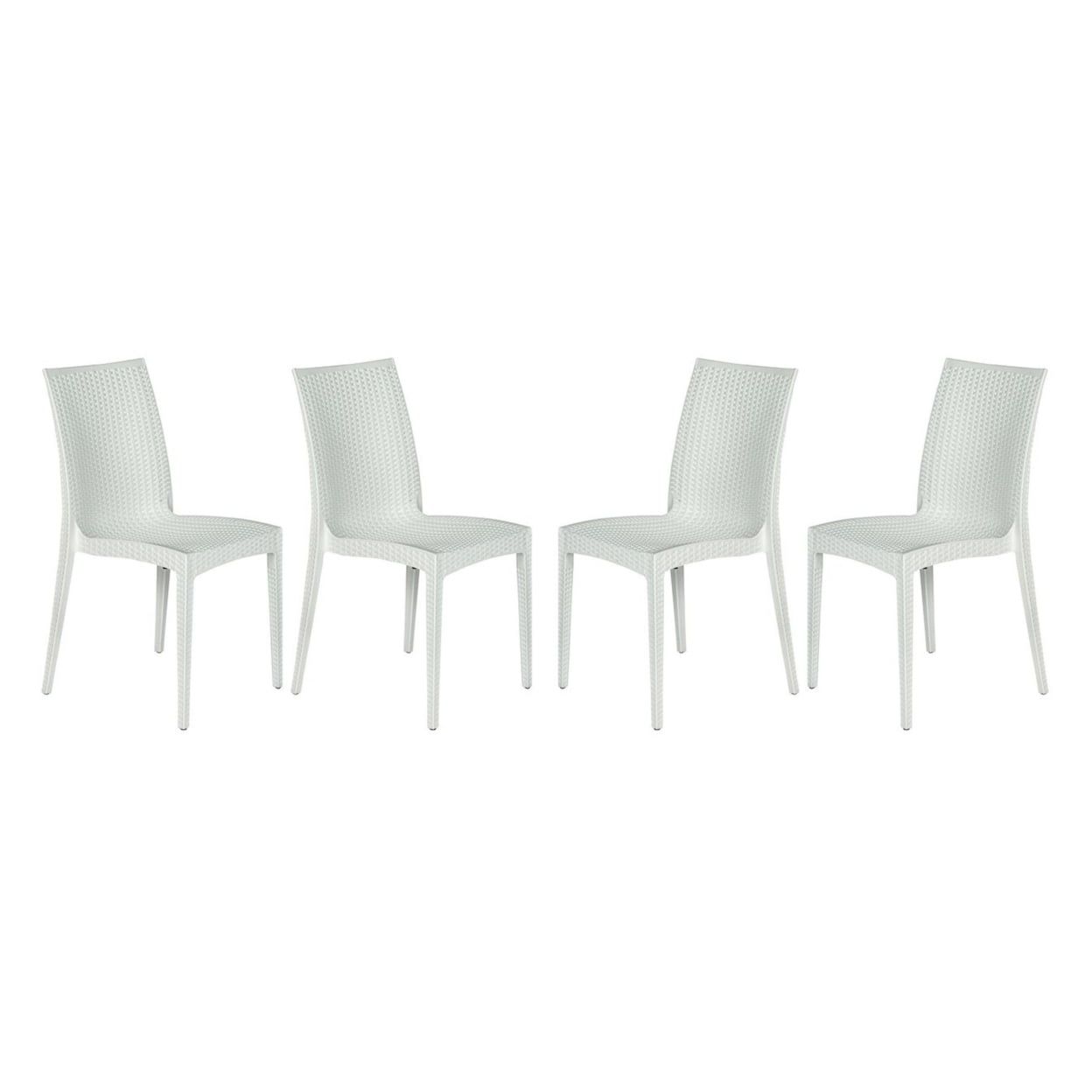 Modern Weave Design White Polypropylene Stackable Dining Chair, Set of 4