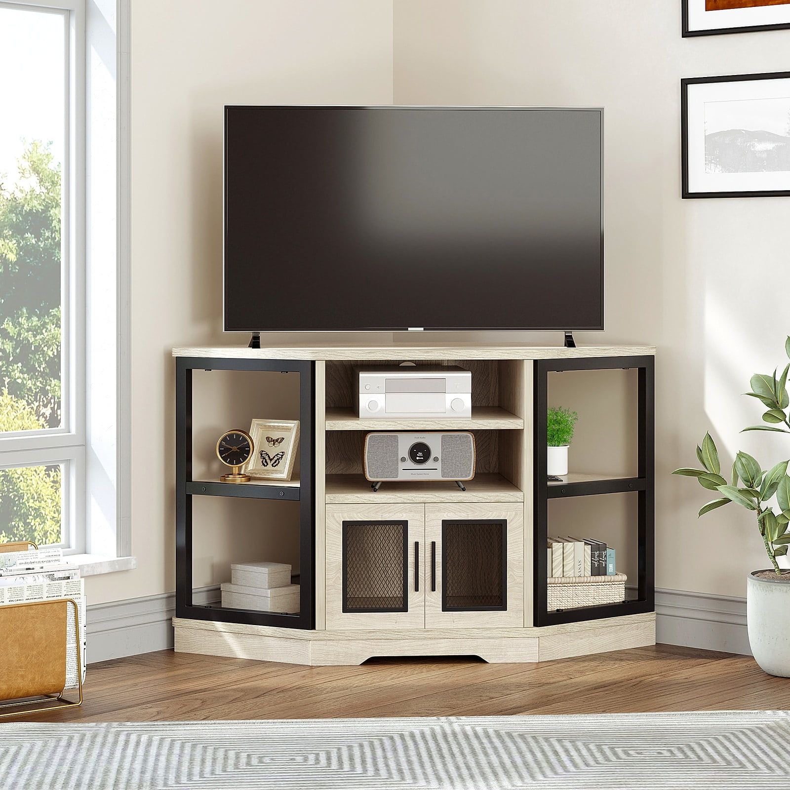 Oak Corner TV Stand with Cabinet and USB Ports