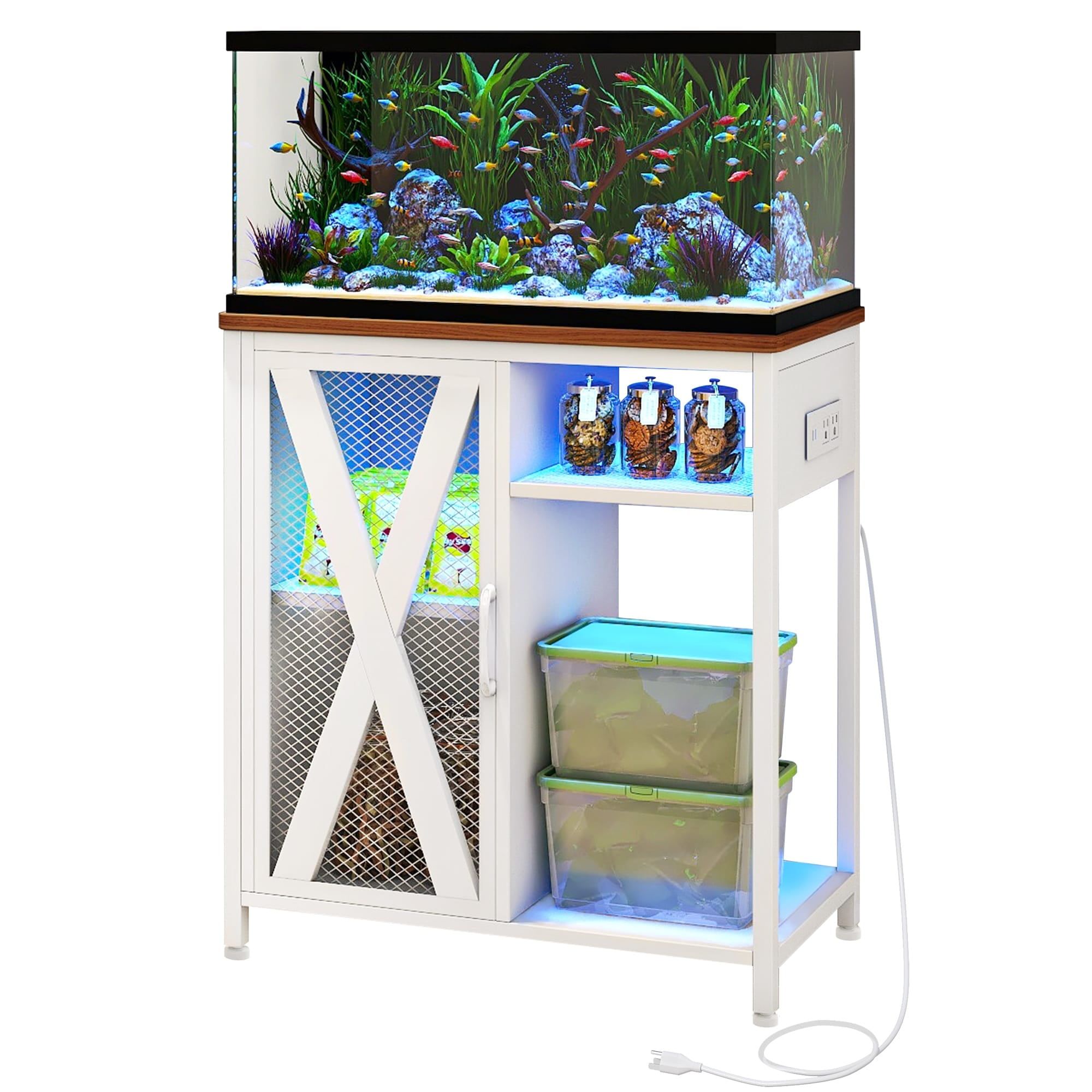 White Small Aquarium Stand with RGB Light and Storage Cabinet