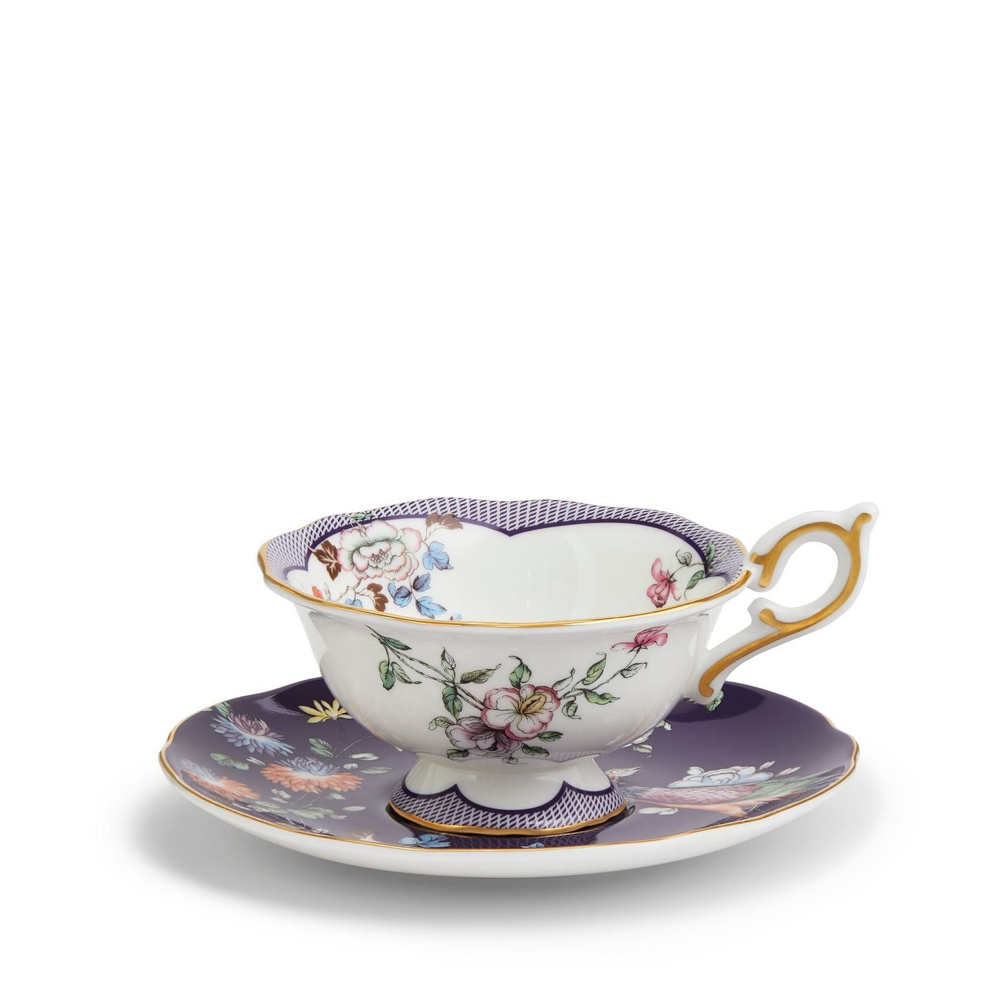 Midnight Crane Floral Bone China Teacup and Saucer Set