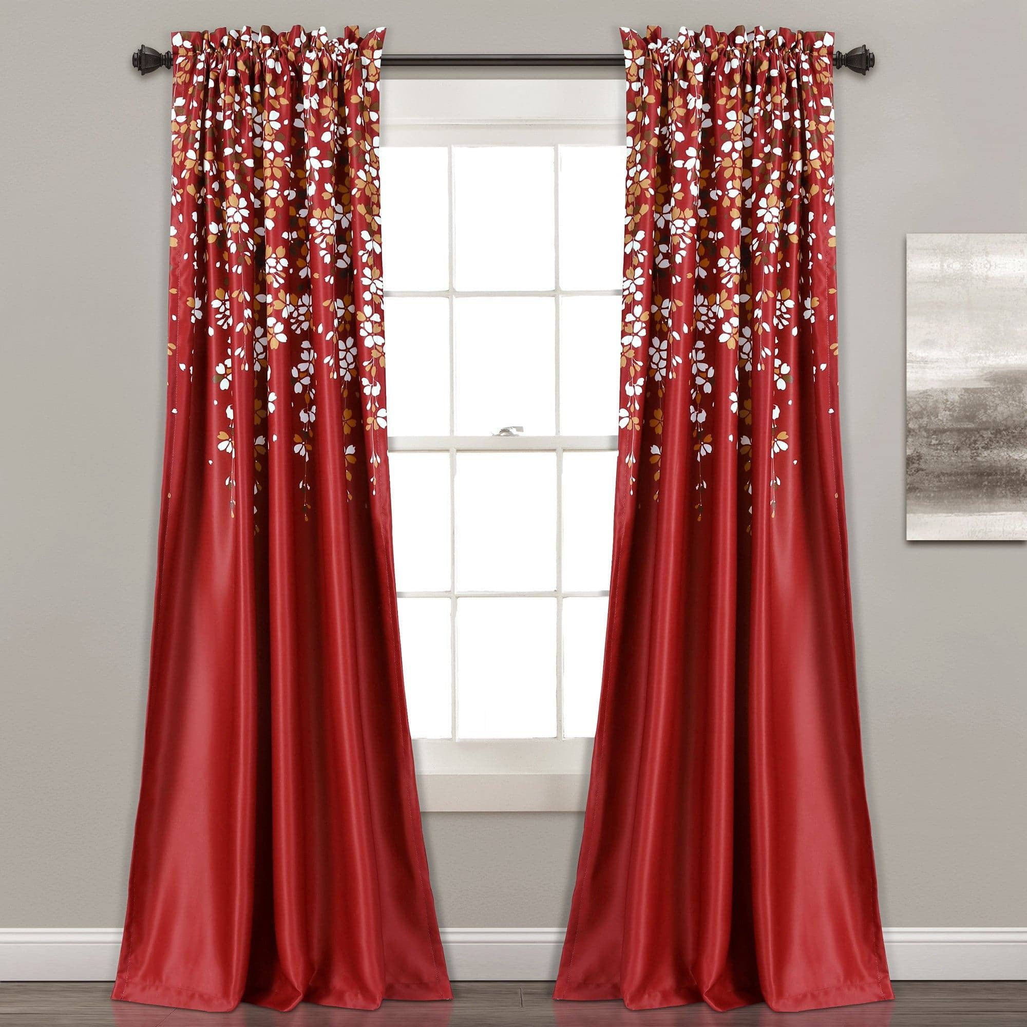 Red Floral Polyester Blackout Window Curtain Panels, 52"W x 84"L