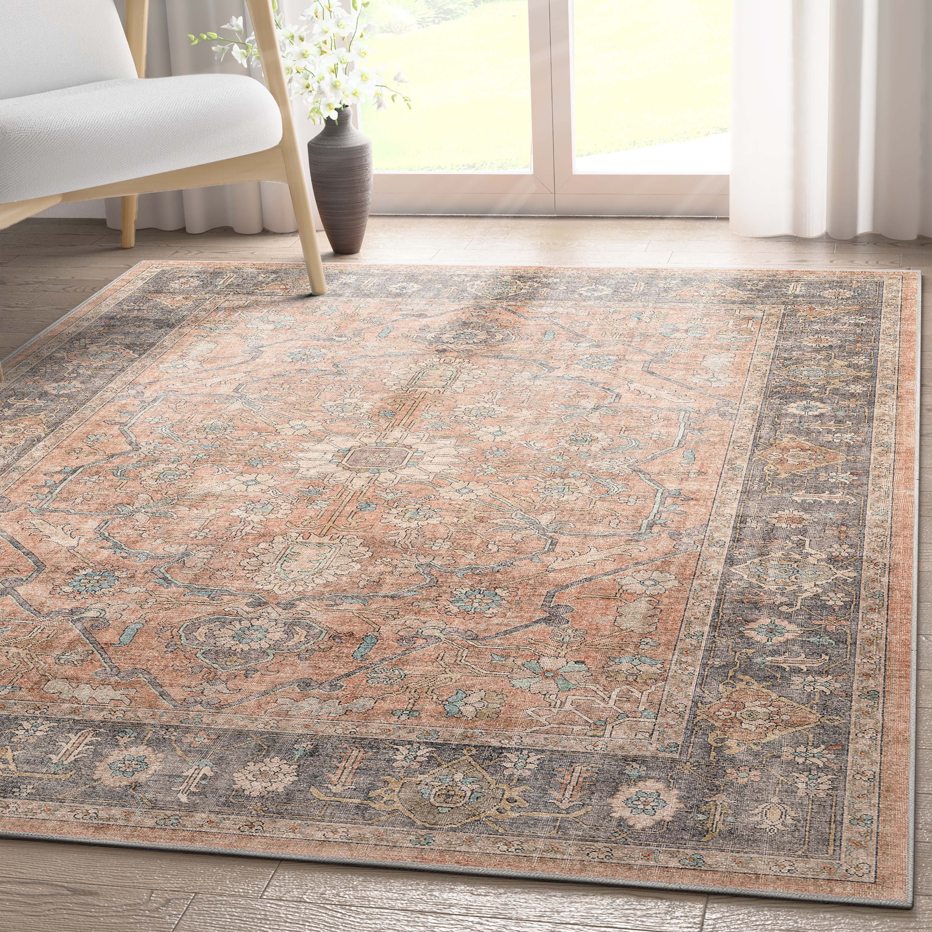 Coral and Gray Chenille Rectangular 5' x 7' Washable Area Rug