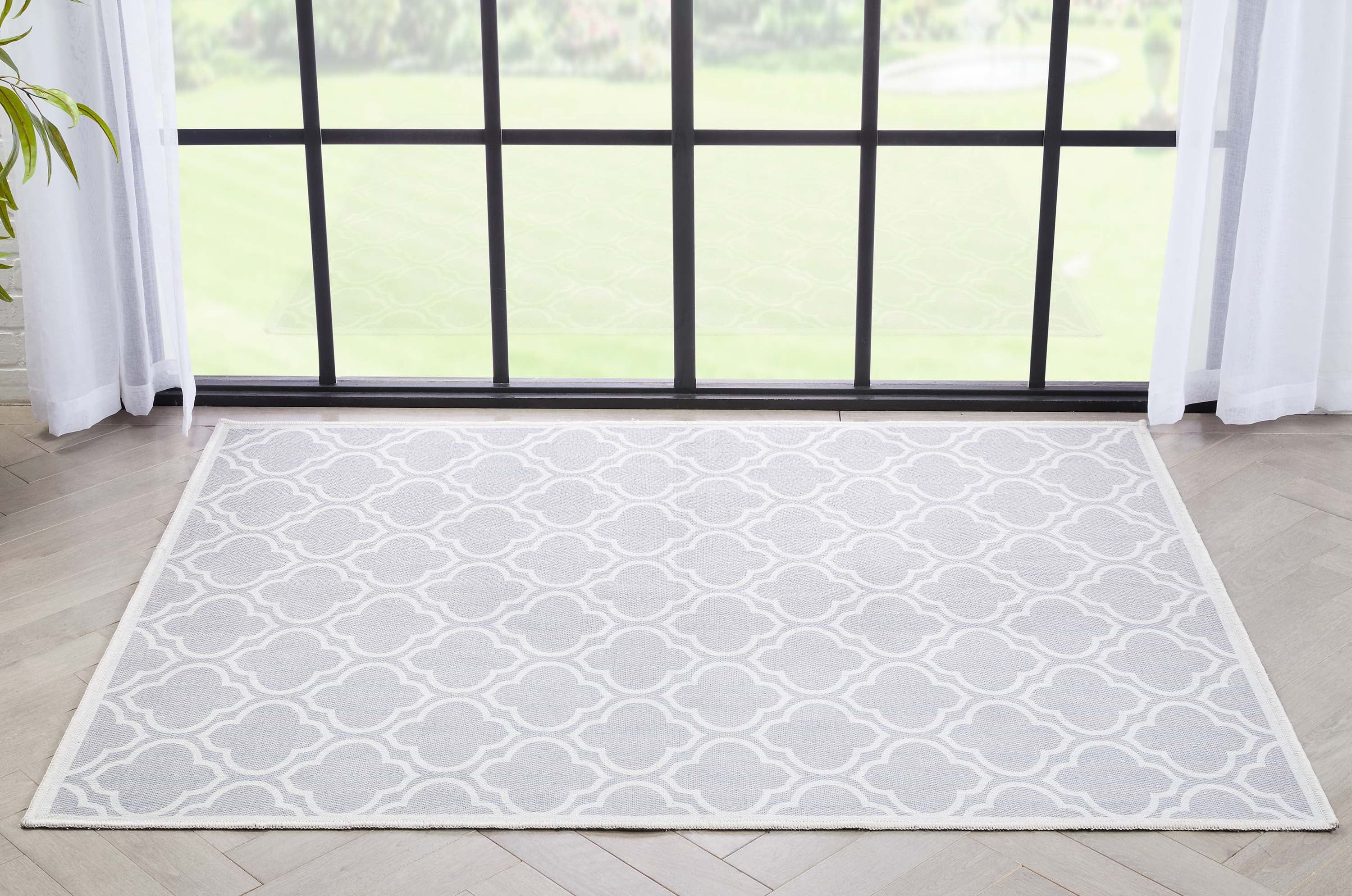 Apollo Grey Moroccan Trellis Polyester Chenille Washable Area Rug