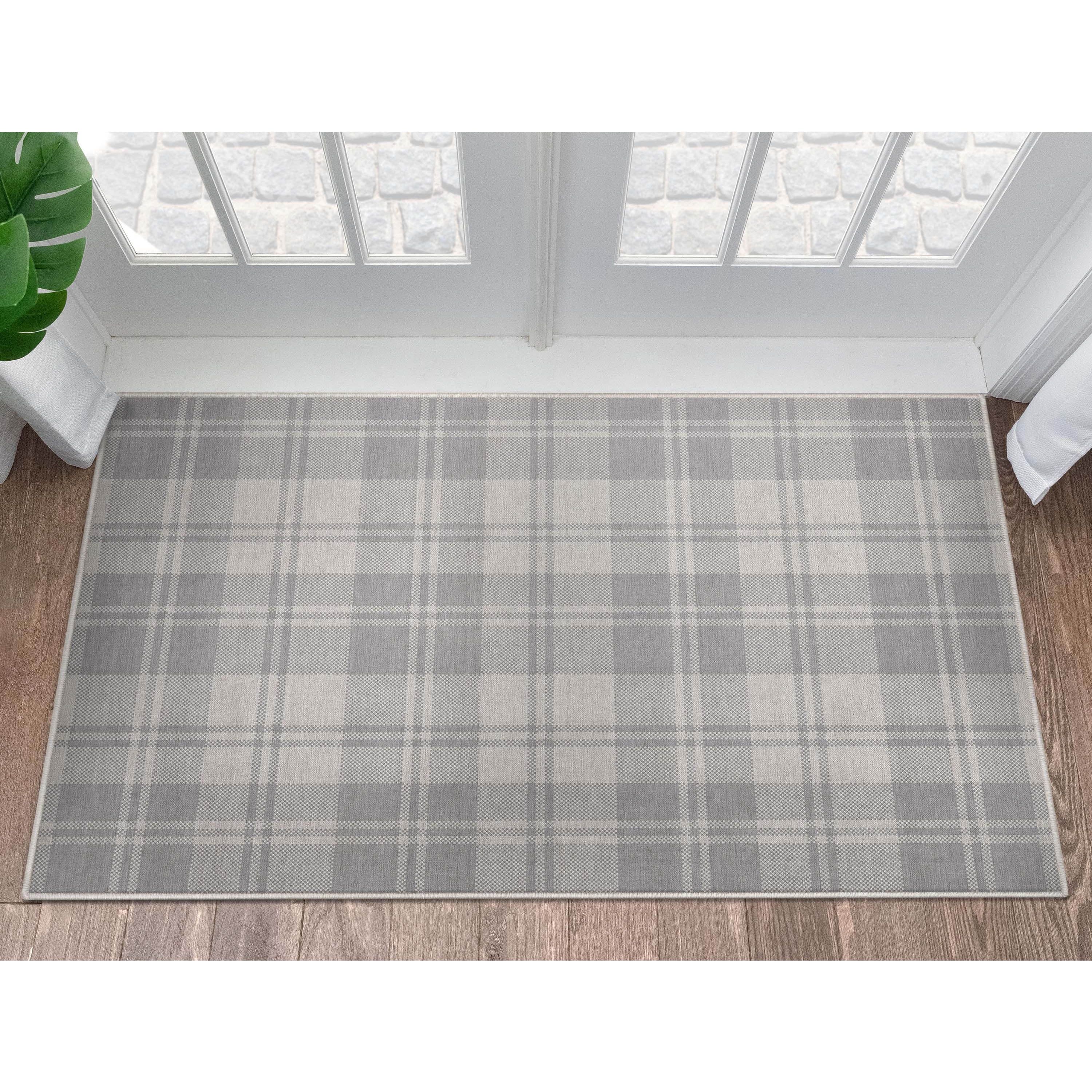 Light Grey Plaid Washable Synthetic Rectangular Area Rug 3'3" x 5'