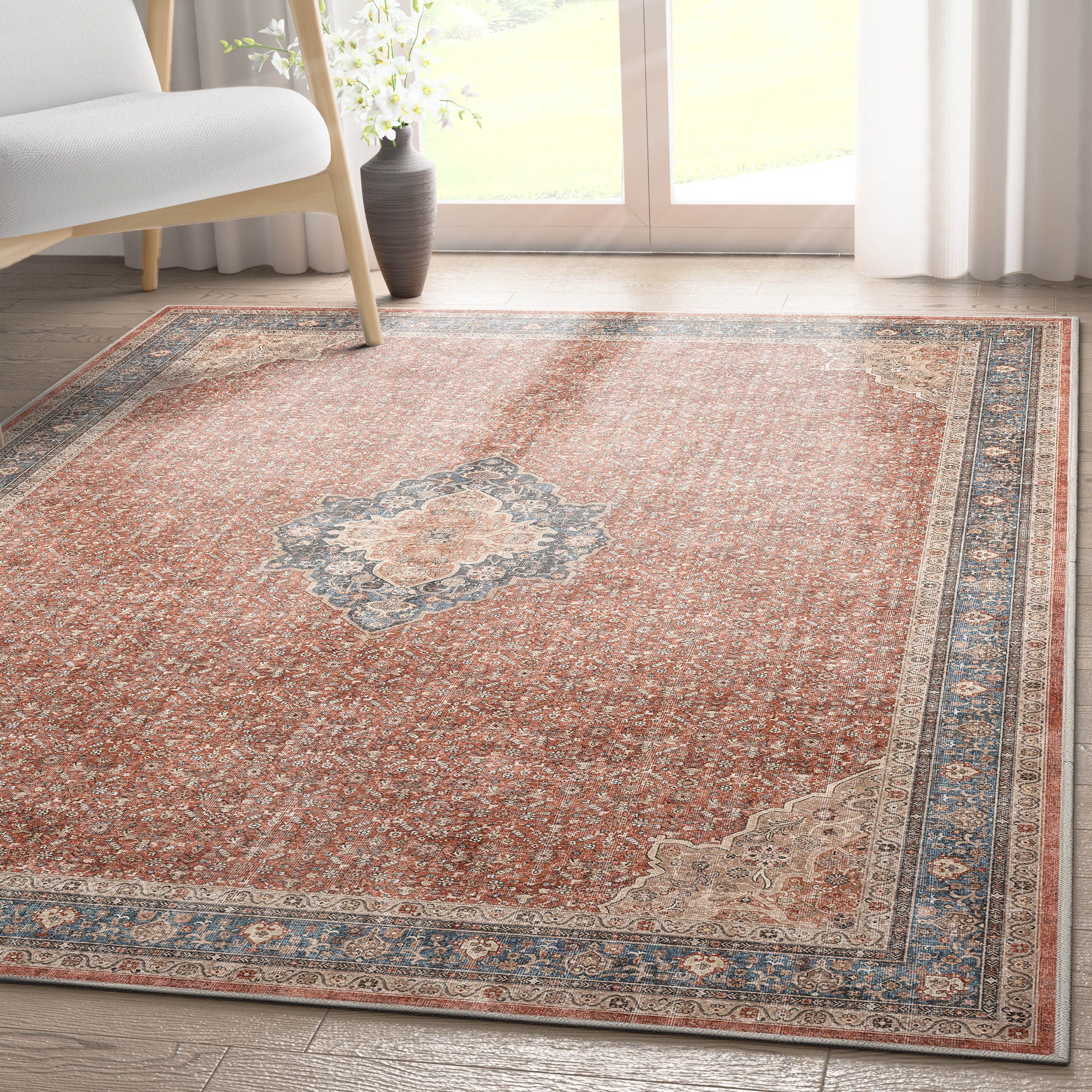 Red Blue 5' x 7' Chenille Oriental Washable Area Rug