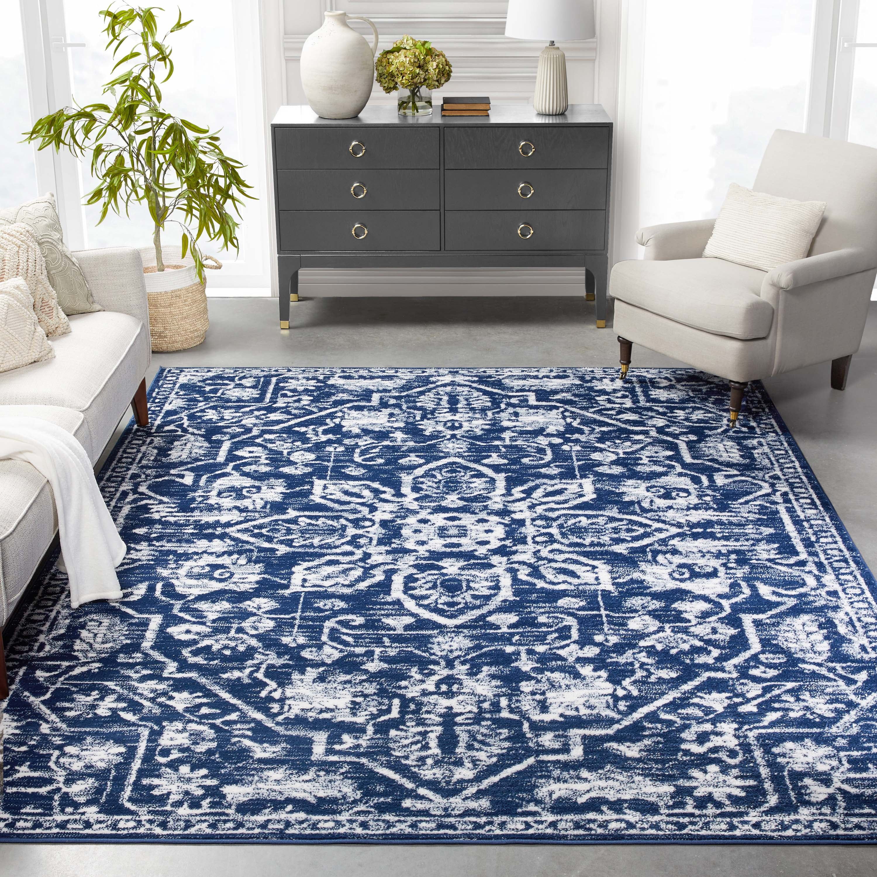 Dark Blue Floral Medallion Rectangular Synthetic Rug 5' x 7'