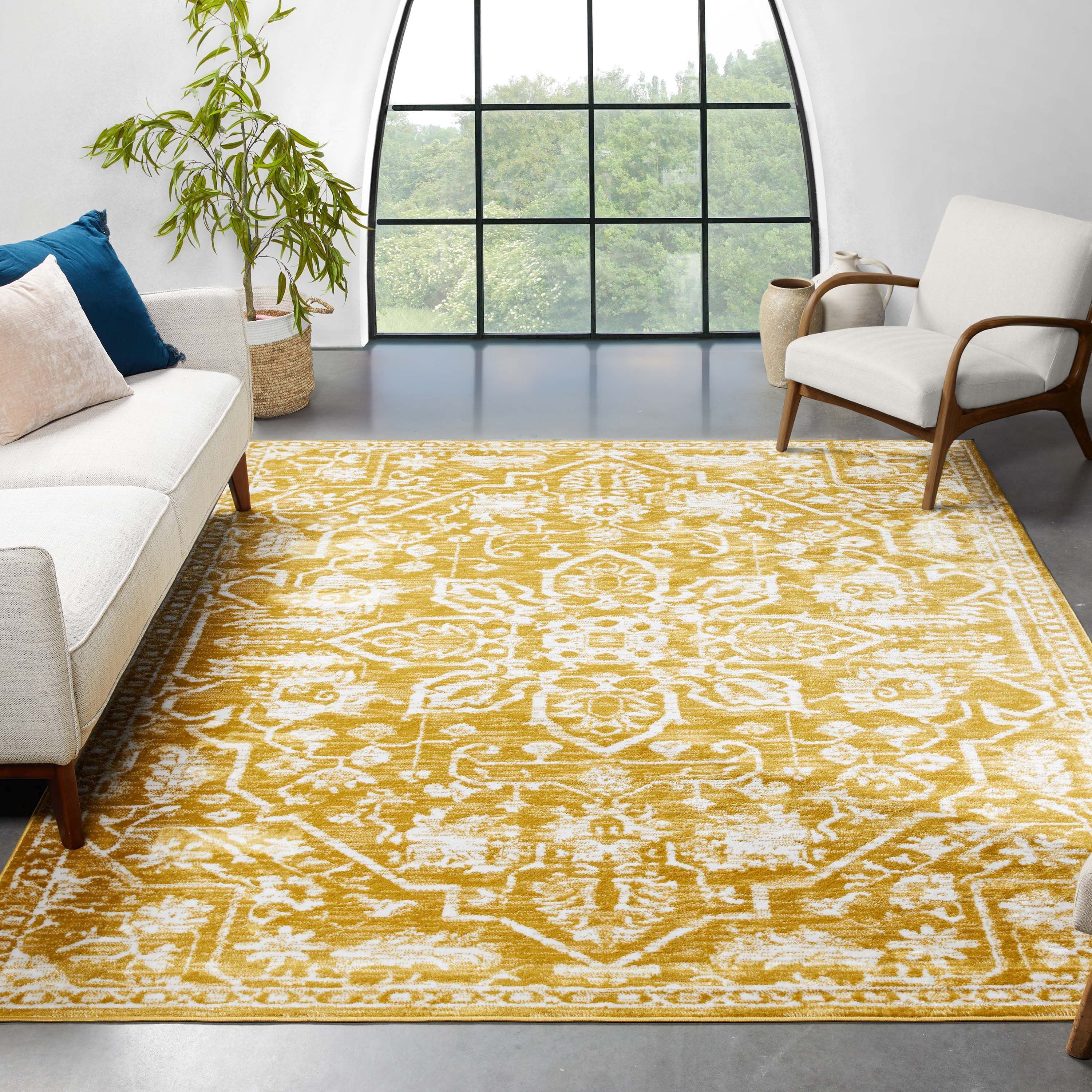 Dazzle Gold and White Floral Synthetic Area Rug, 3'11" x 5'3"