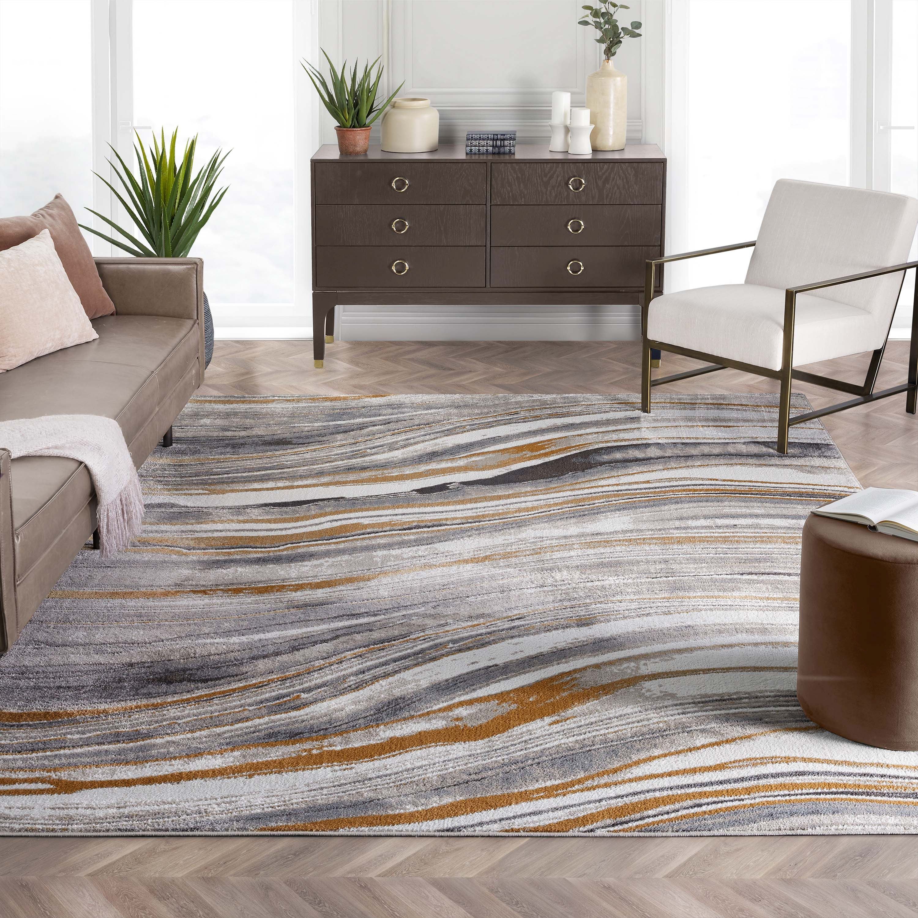 Gray and Rust Abstract Geometric Polyester Indoor Area Rug