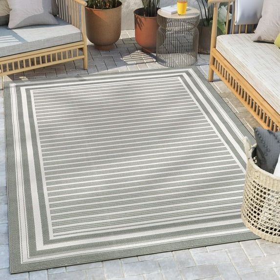 Green and White Striped Synthetic Flat Woven Indoor/Outdoor Rug