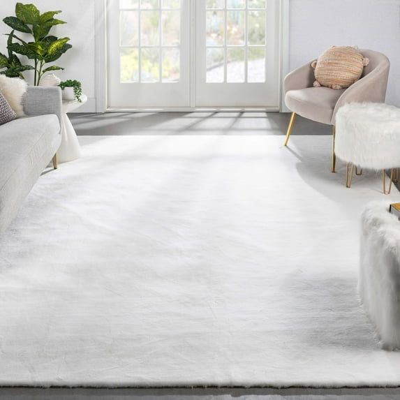 Luxurious White Faux Fur Shag Rectangular Area Rug 5' x 7'