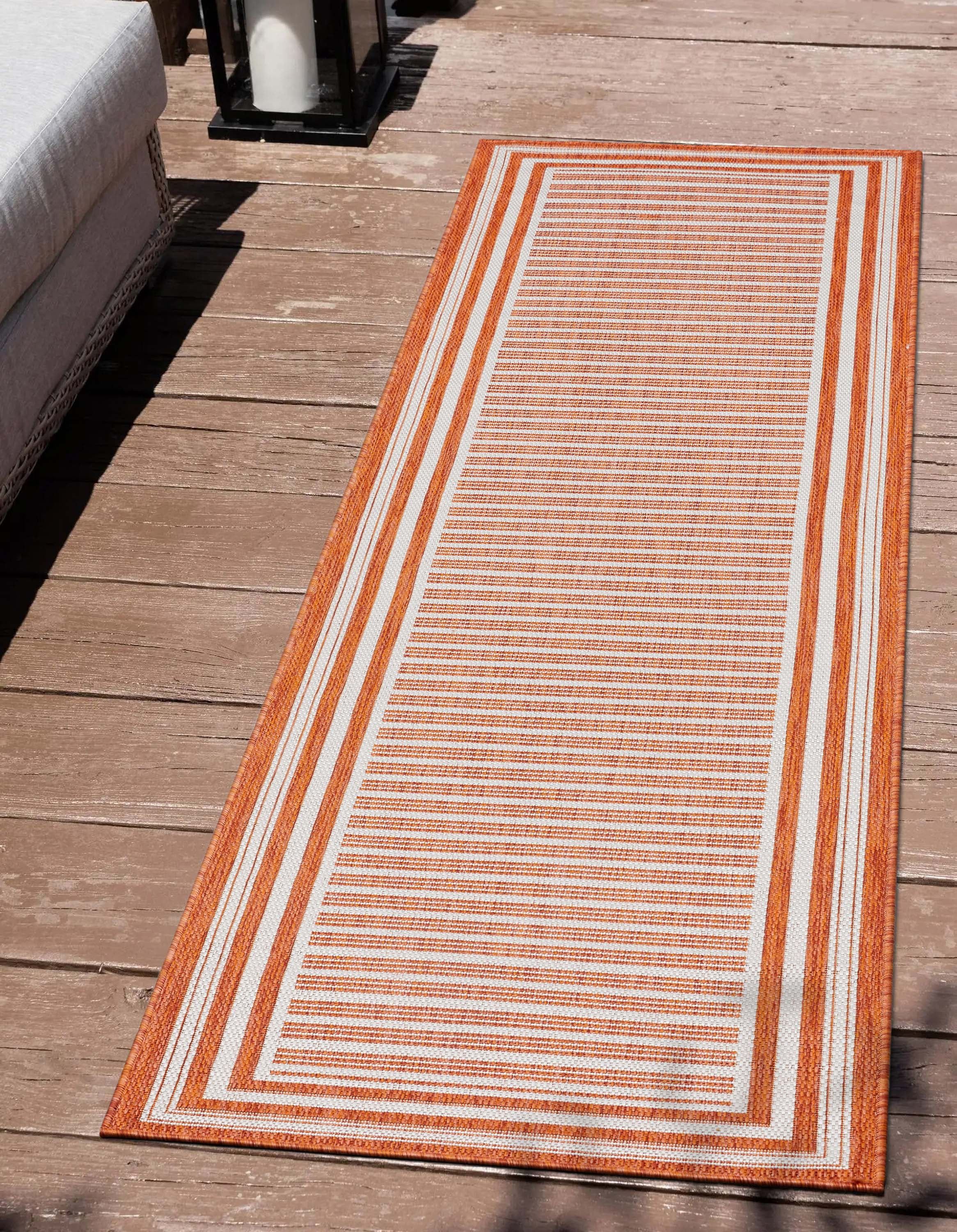Coastal Cabin Retreat Orange Stripe Synthetic Runner Rug