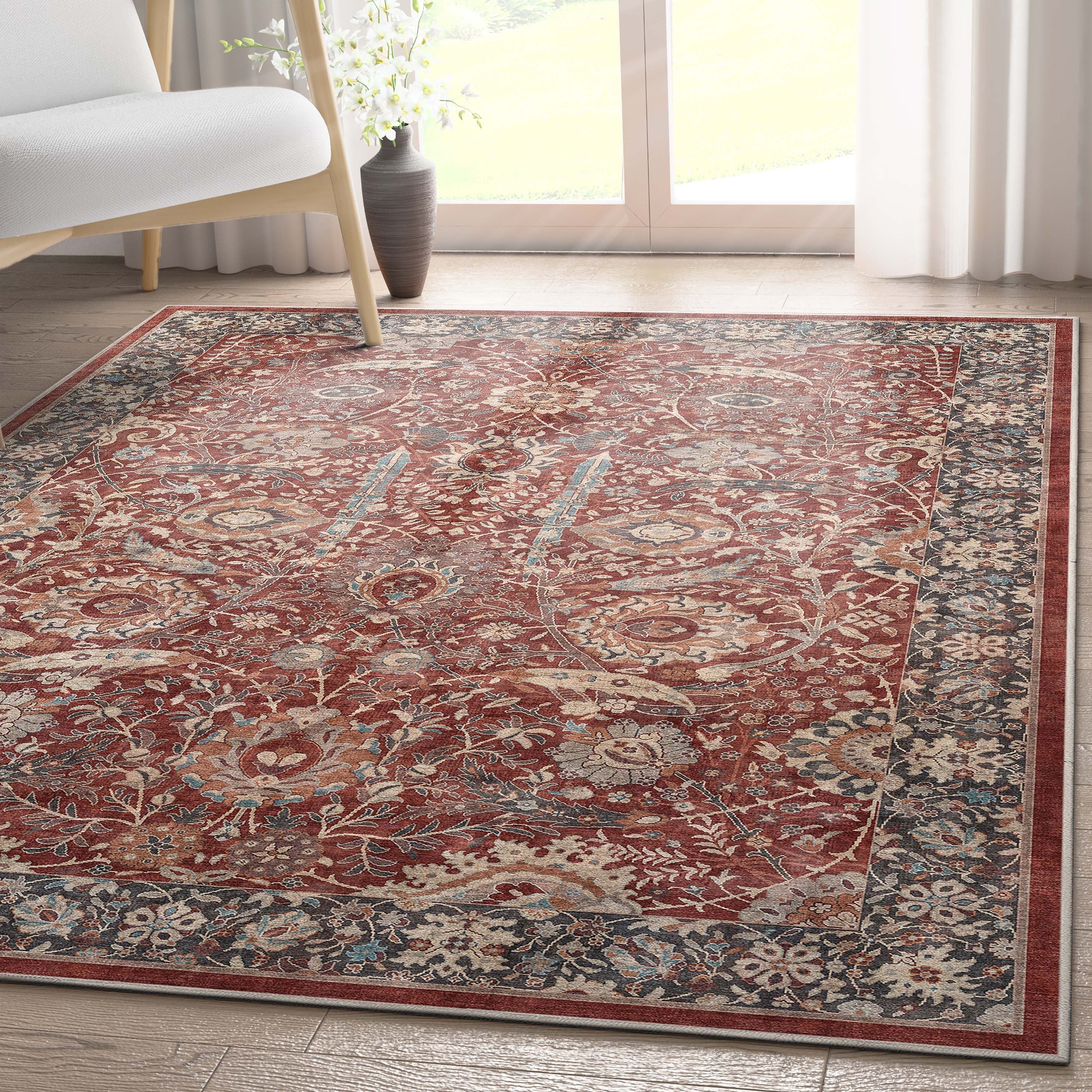 Elegant Red and Navy Floral Chenille Area Rug 3'11" x 5'3"