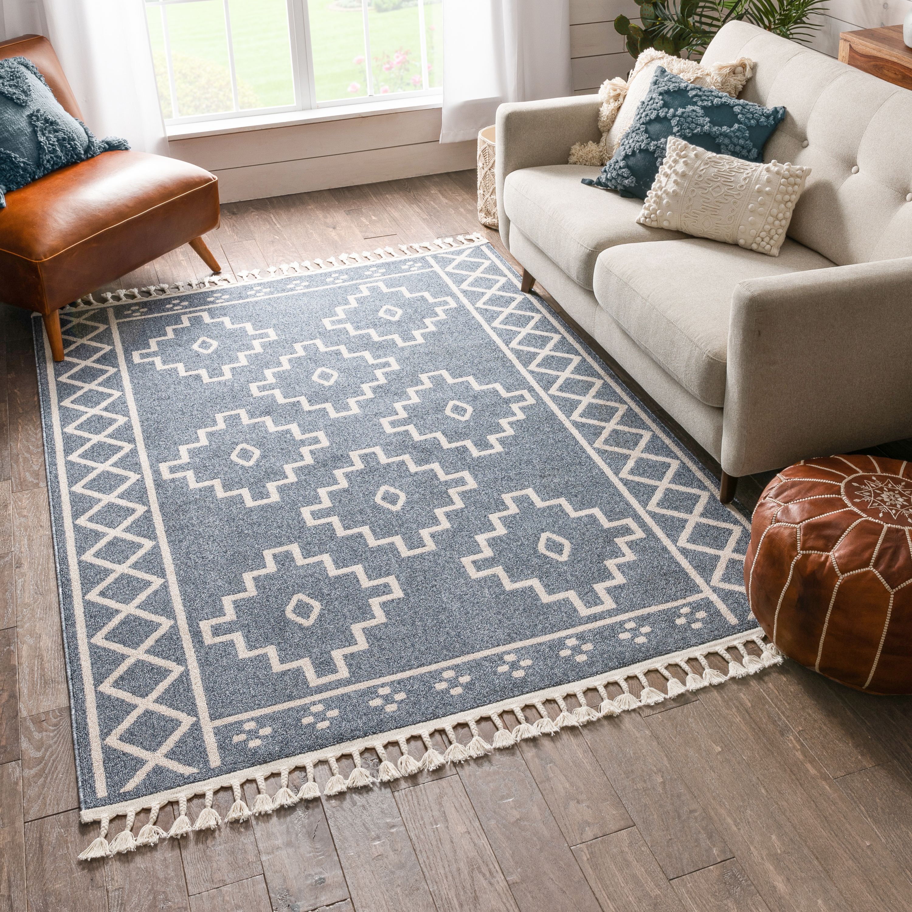 Denim Blue Geometric Flat Woven Shag Area Rug, 5'3" x 7'3"