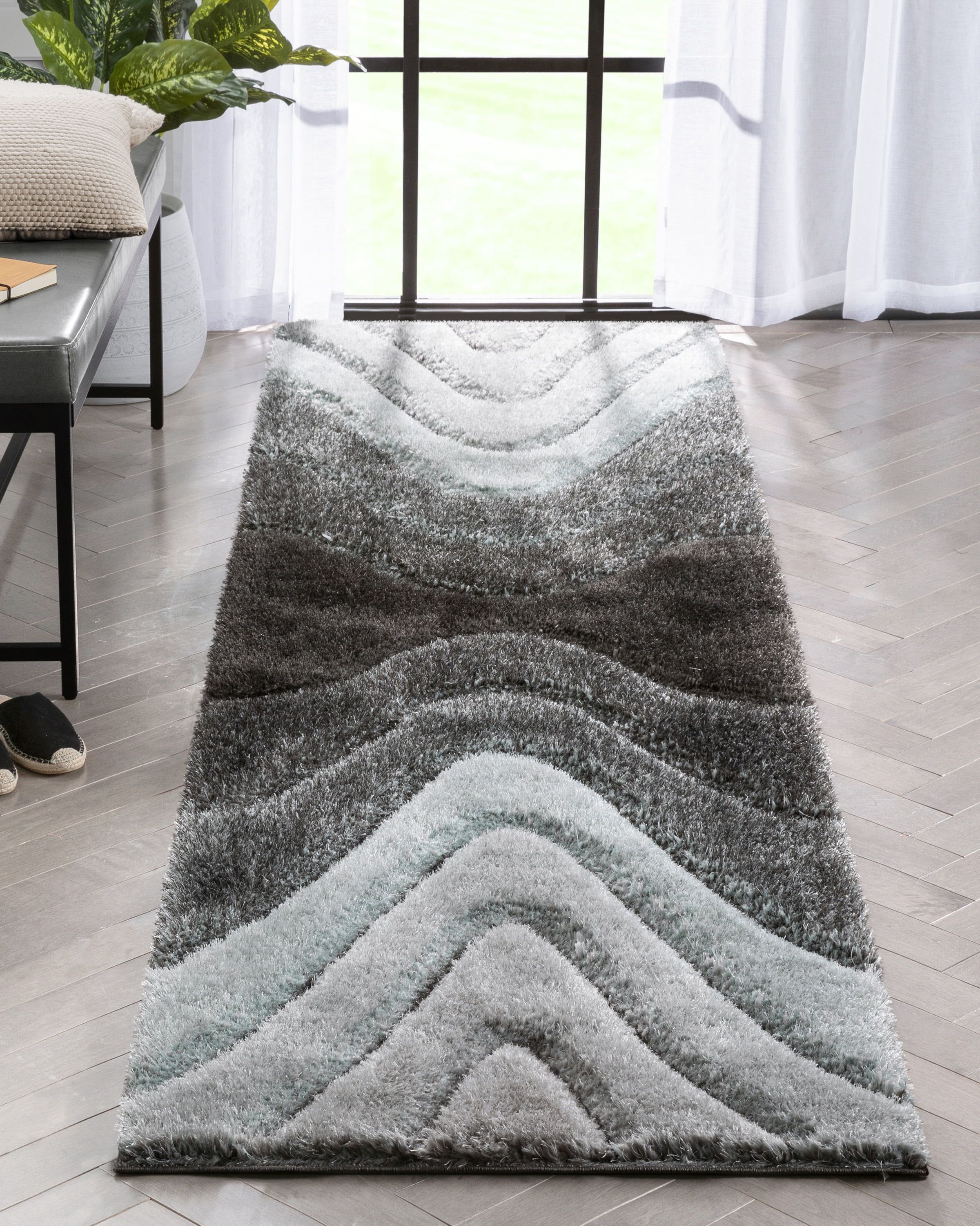 Light Blue and Gray Geometric Shag Runner Rug
