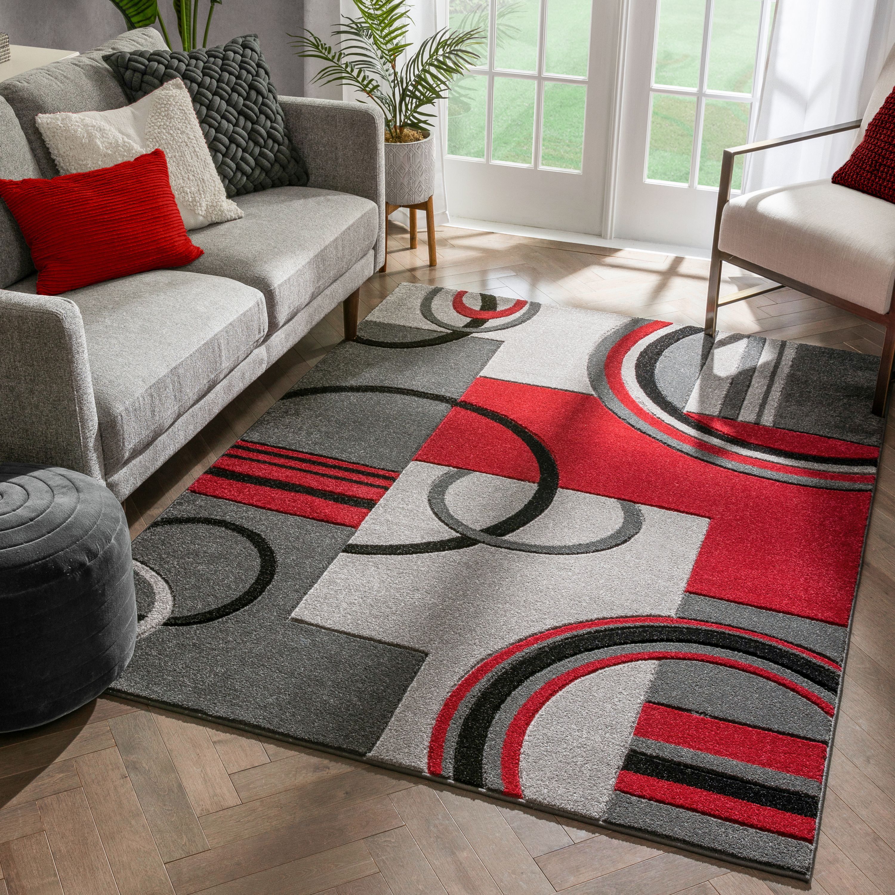 Large Gray and Red Synthetic Geometric Area Rug