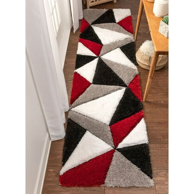 Modern Red Geometric Shag Runner Rug 2'7" x 9'10"
