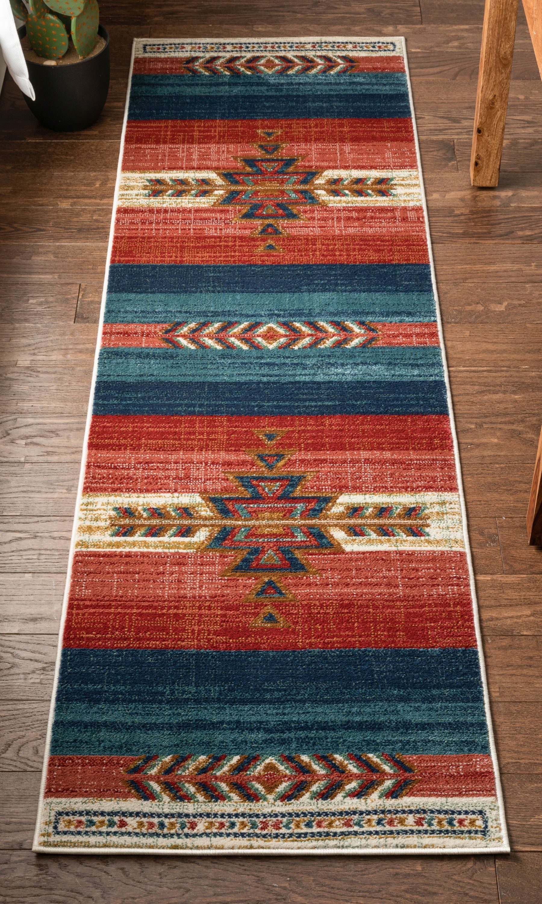 Crimson and Blue Southwestern Medallion Runner Rug