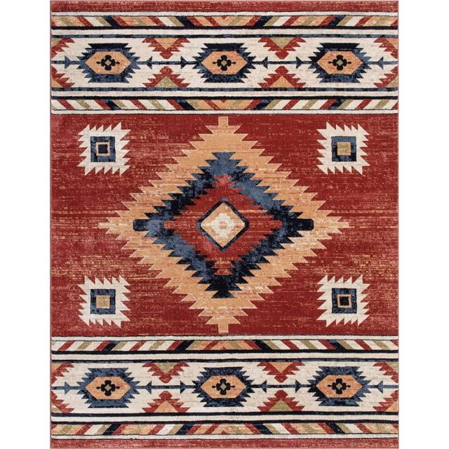 Crimson and Beige Synthetic Southwest Print Rectangular Area Rug