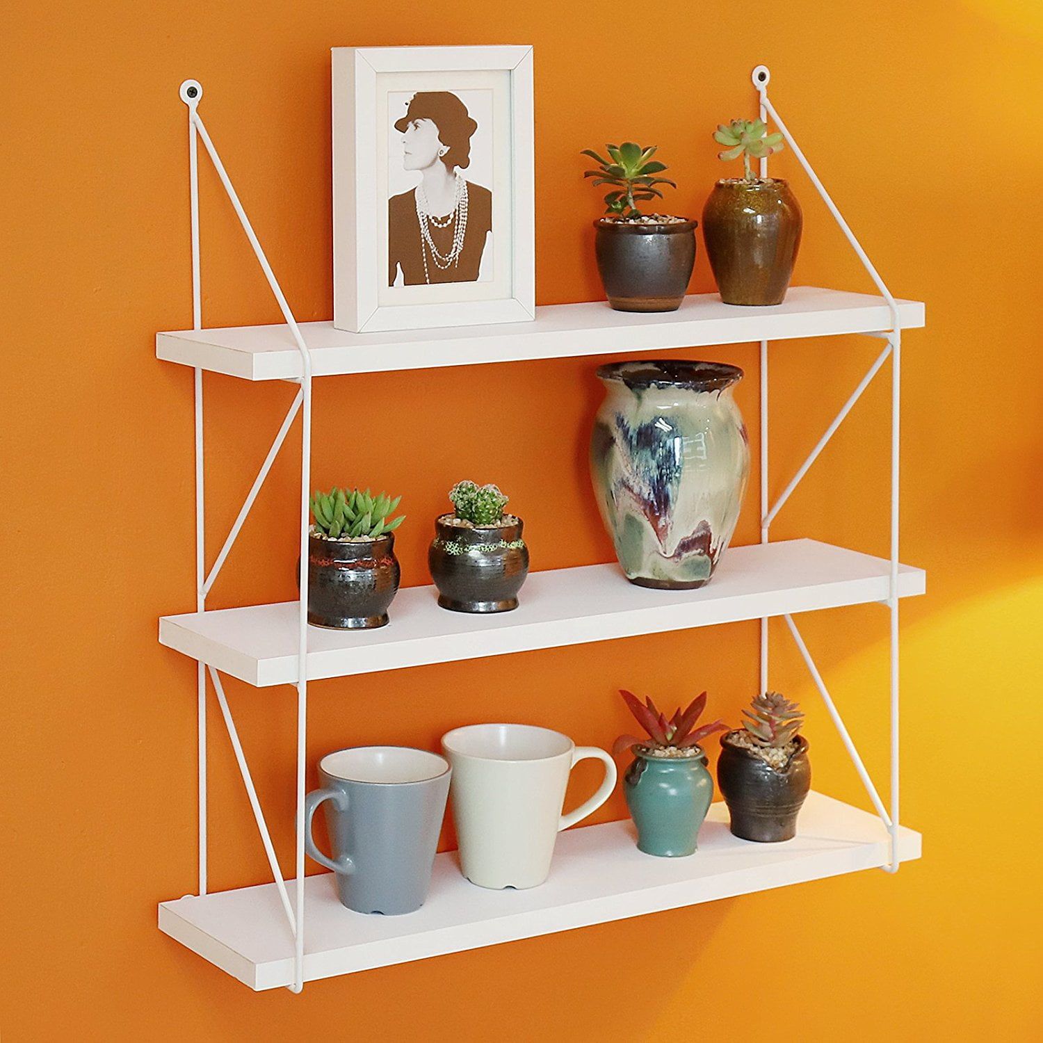 White MDF 3-Tier Floating Wall Shelf with Metal Support