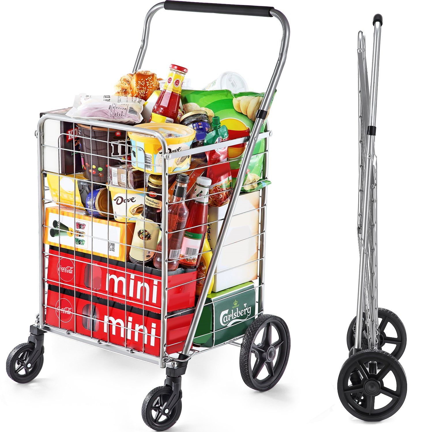 Wellmax Foldable Alloy Steel Grocery Cart with Swivel Wheels