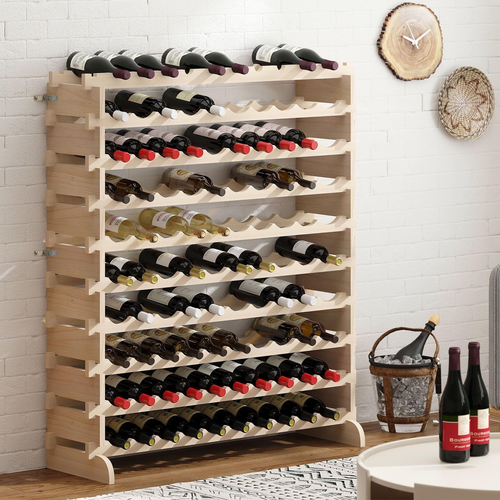 Natural Pine 10-Tier Stackable Wine Rack for 100 Bottles