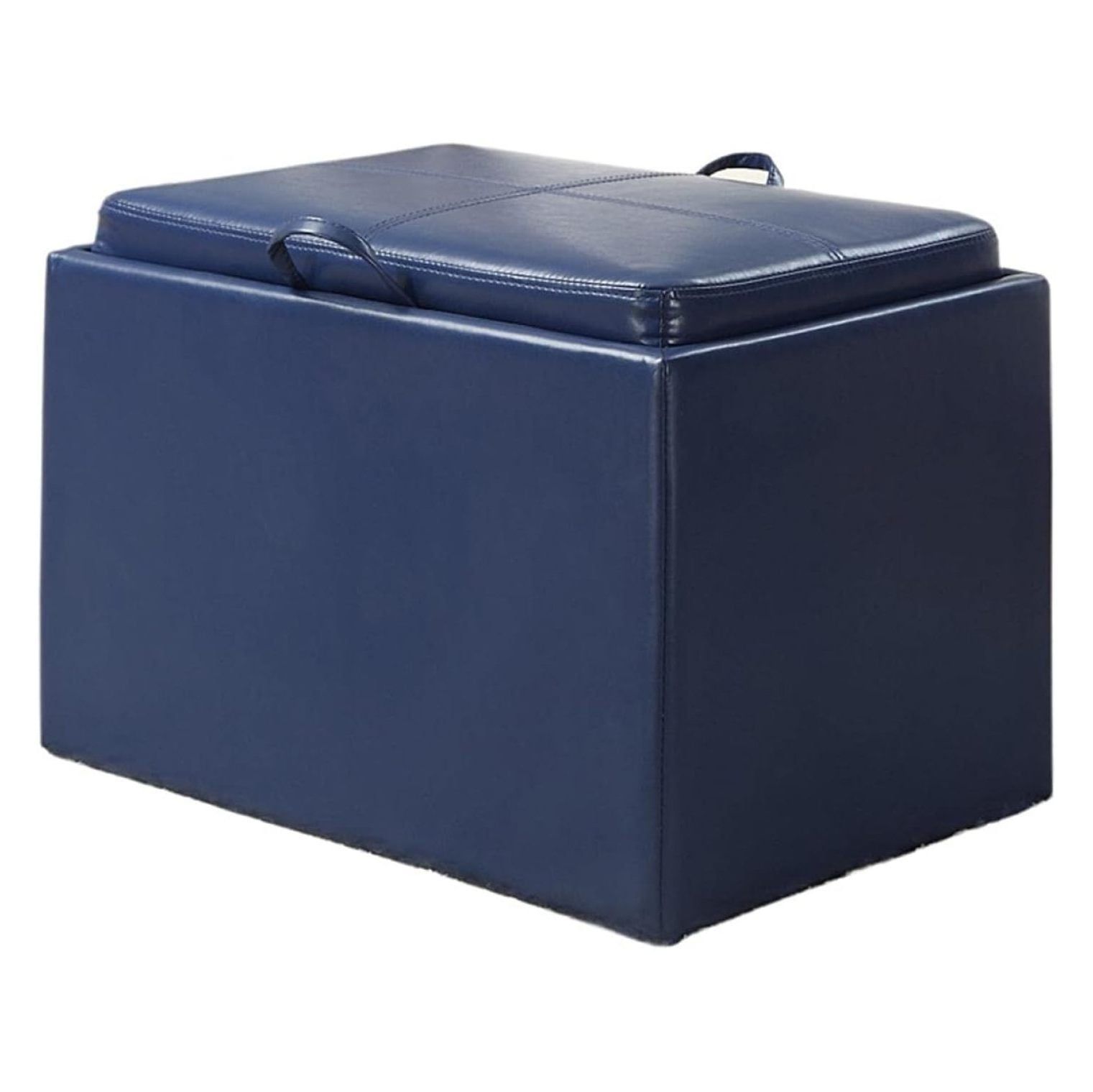 Blue Tufted Faux Leather Storage Ottoman with Tray