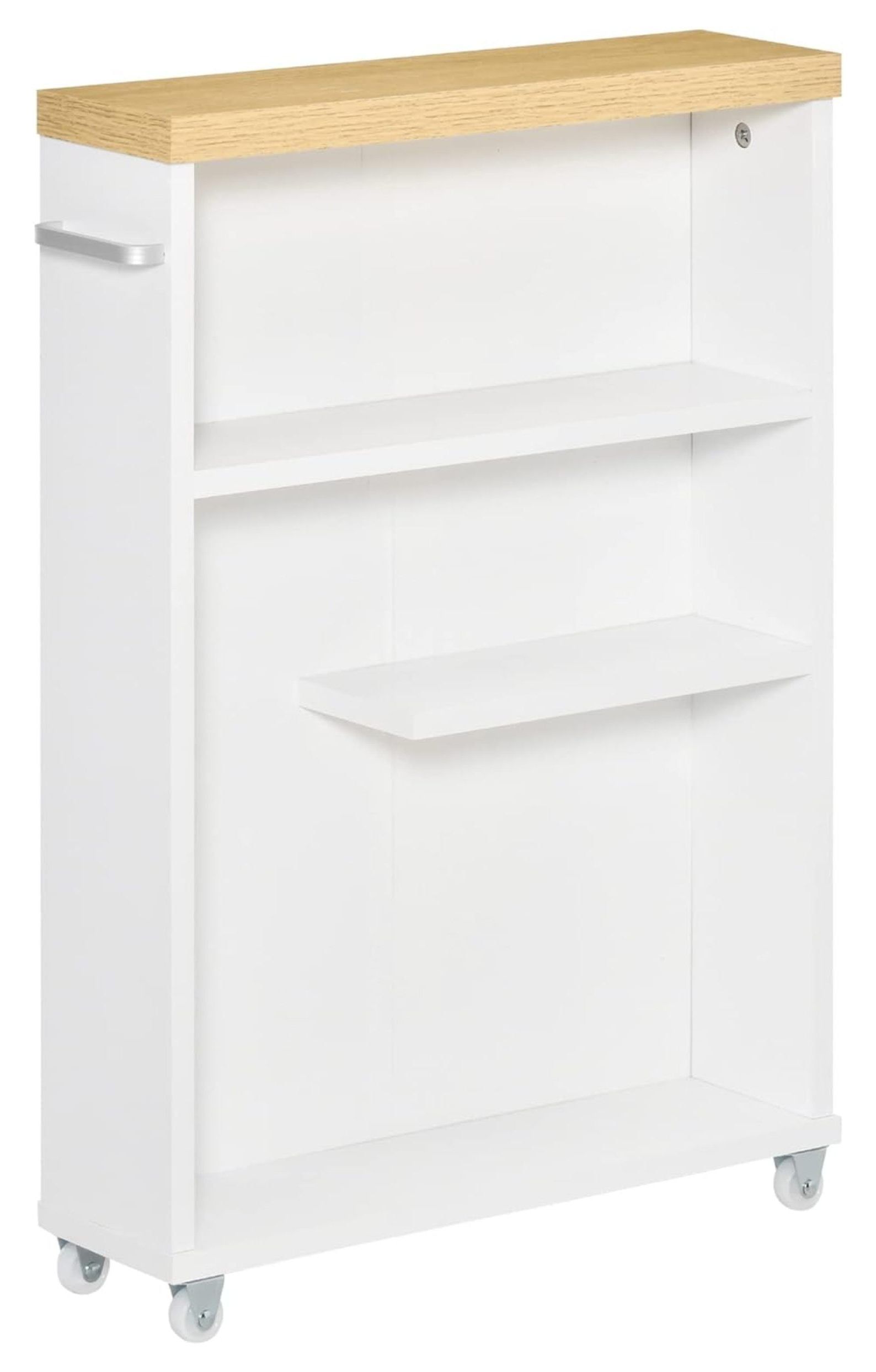 Slim White Bathroom Cabinet with Wood Shelves and Wheels